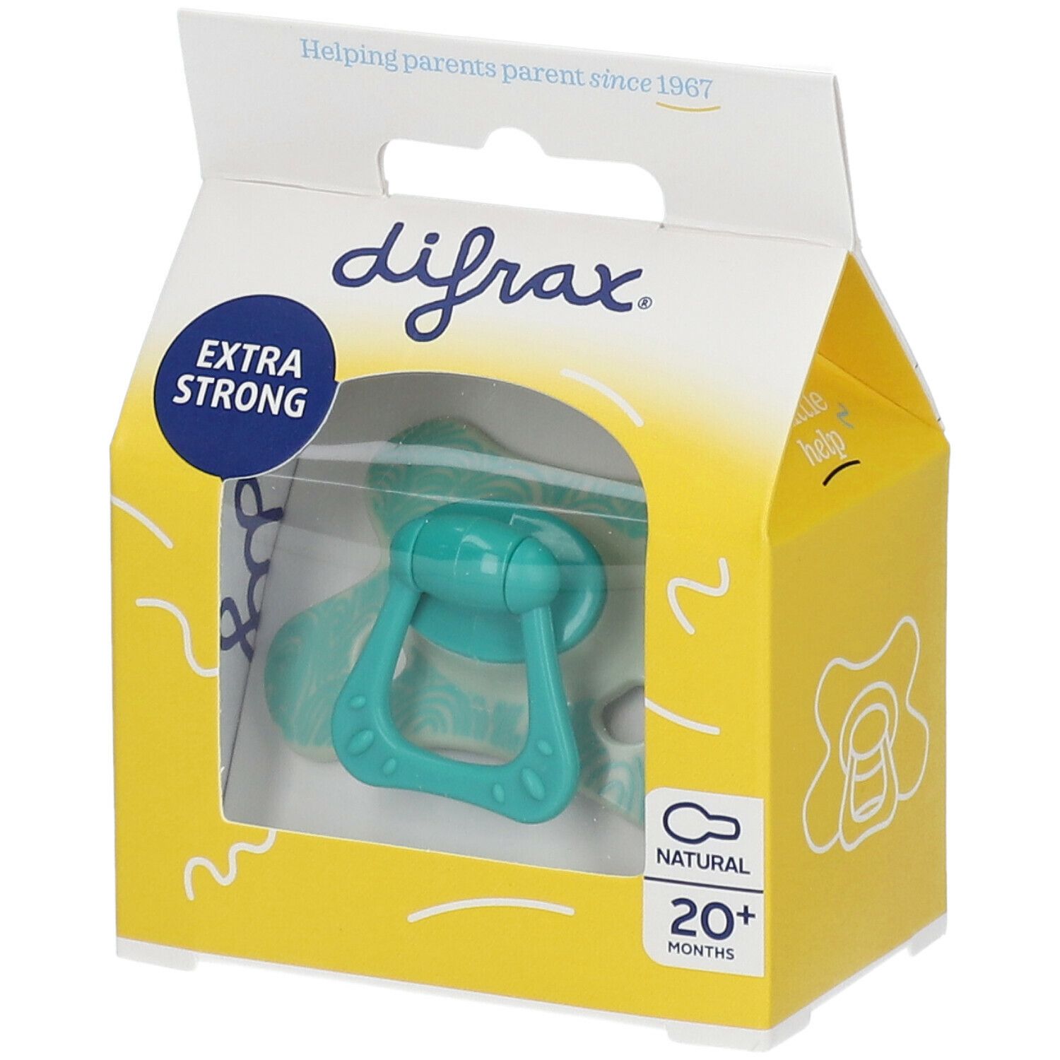 Sucette turquoise dans emballage jaune. Fenêtre transparente. Inscription "difrax" et "20+ months".
