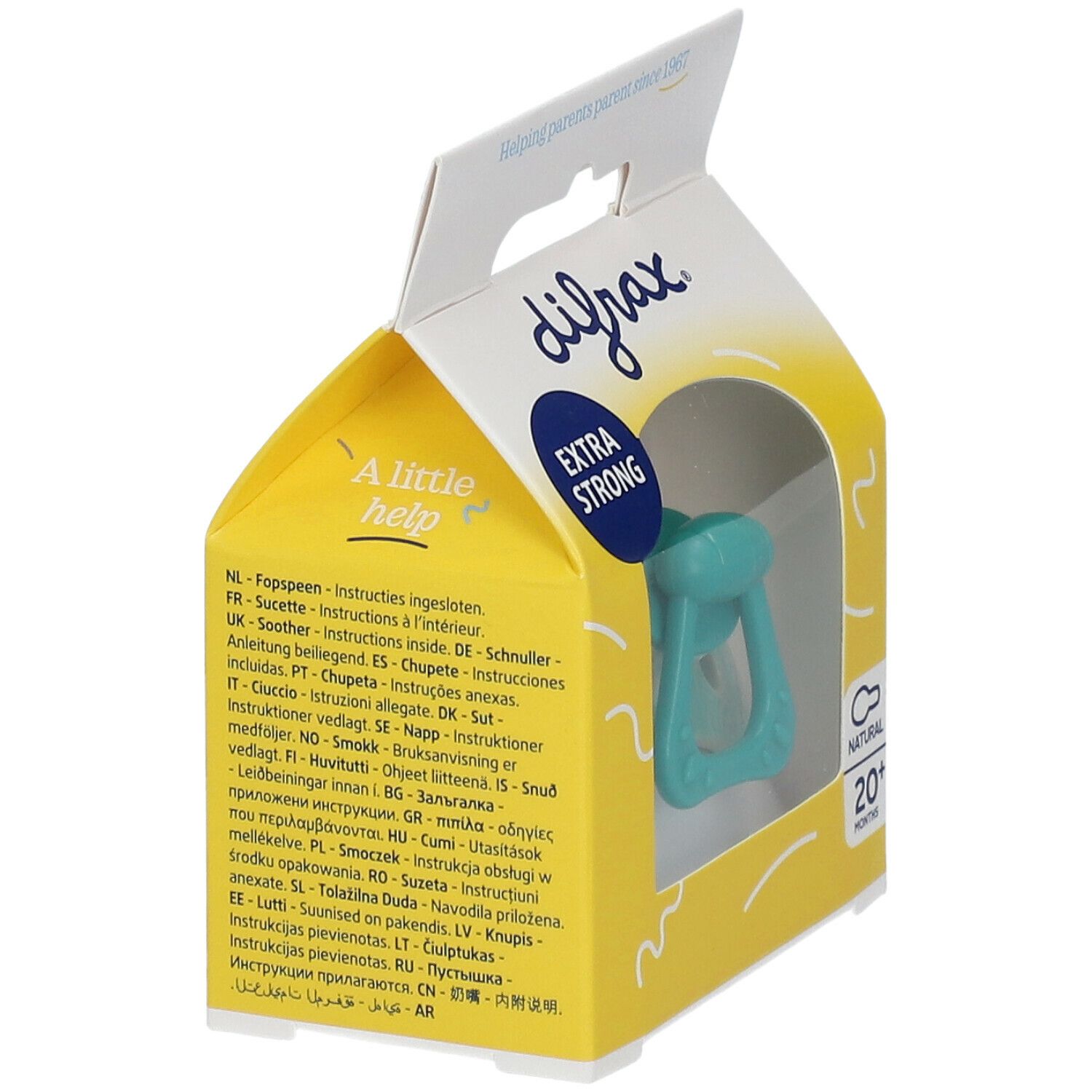 Emballage avec sucette turquoise. Inscriptions "difrax", "EXTRA STRONG" et "20+ months". Instructions multilingues.
