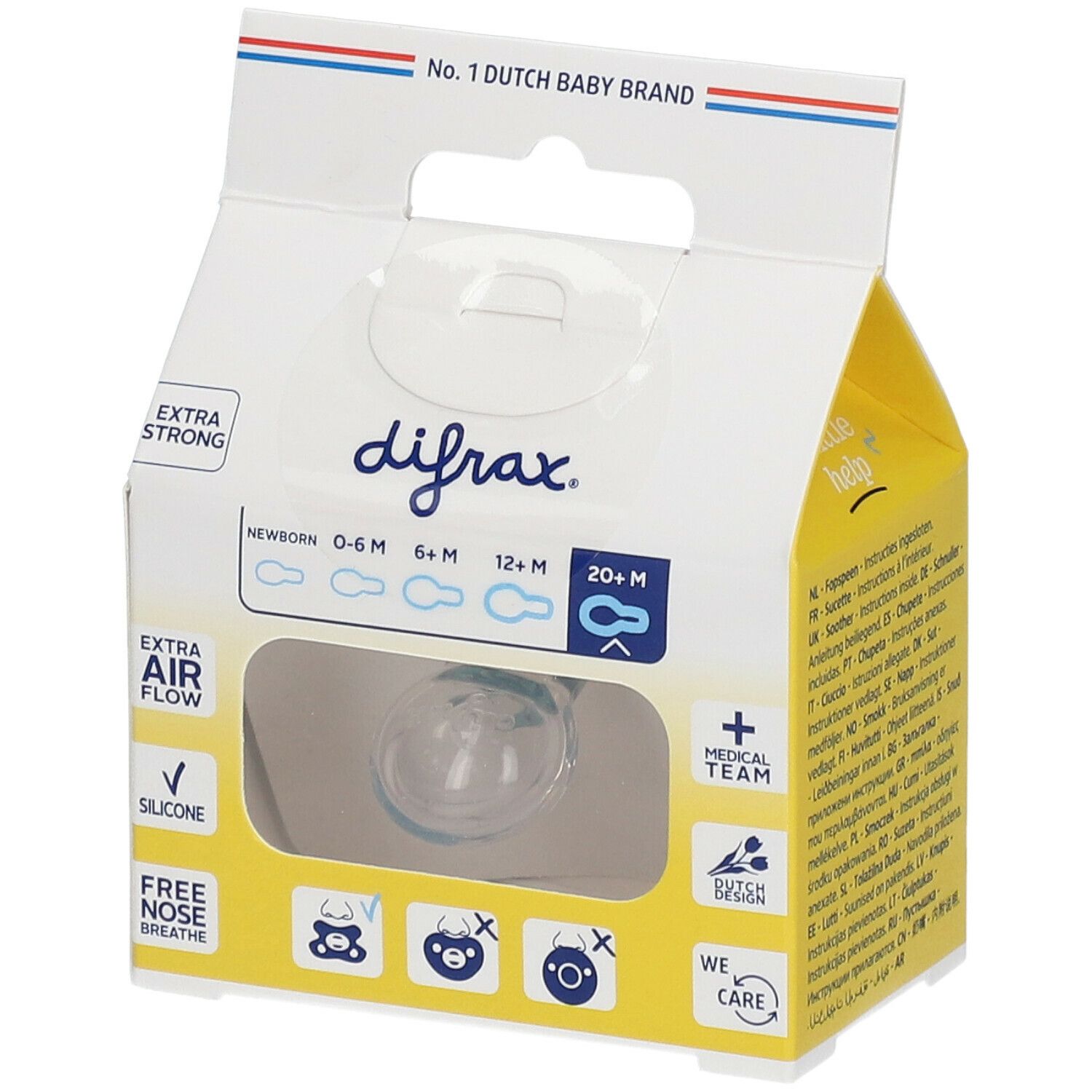 Emballage avec sucette. Inscriptions "difrax", "EXTRA STRONG", "NEWBORN 0-6 M", "20+ M". Fenêtre. "No. 1 DUTCH BABY BRAND".