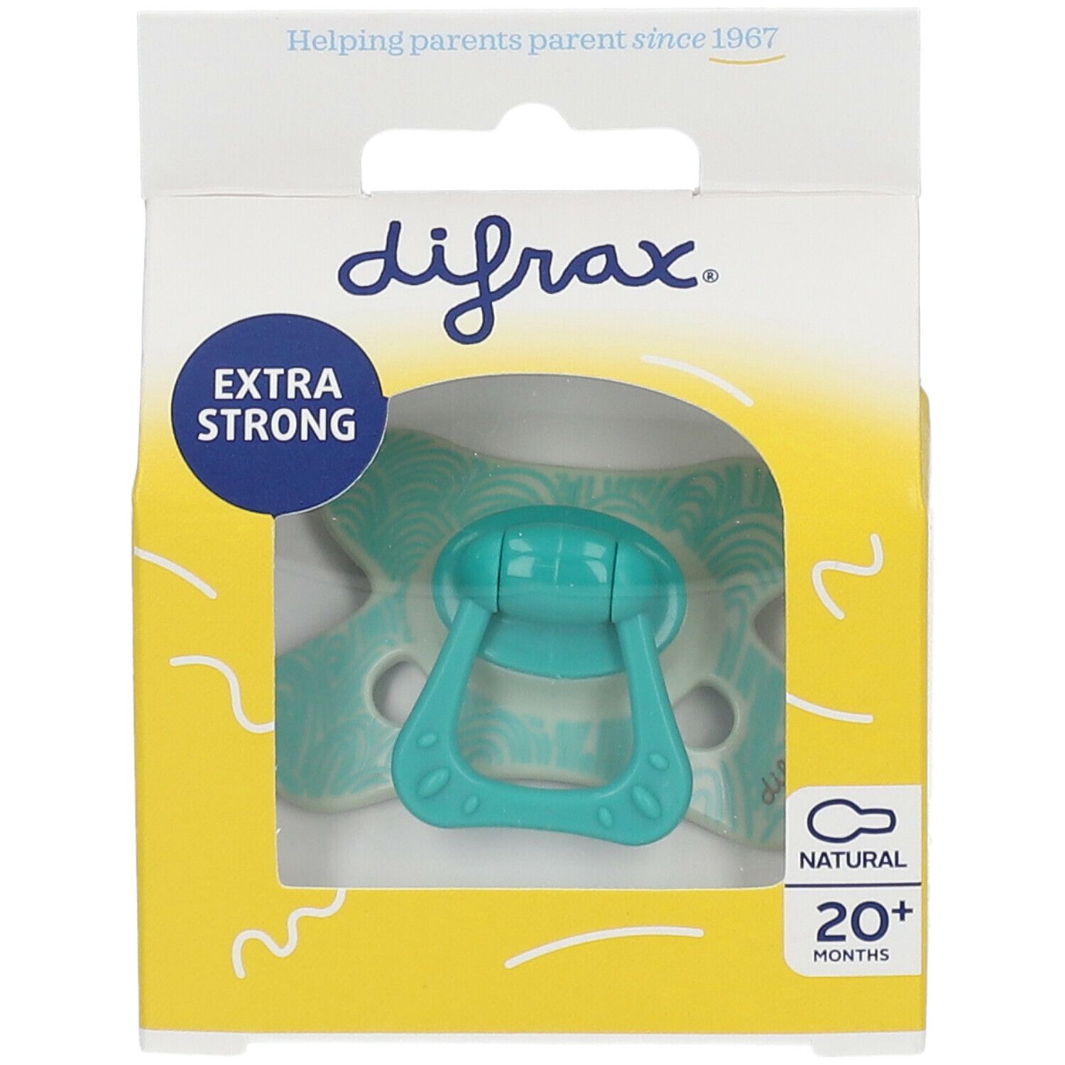 Sucette turquoise dans emballage jaune. Inscriptions "difrax", "EXTRA STRONG" et "20+ months". Motif sur la tétine.