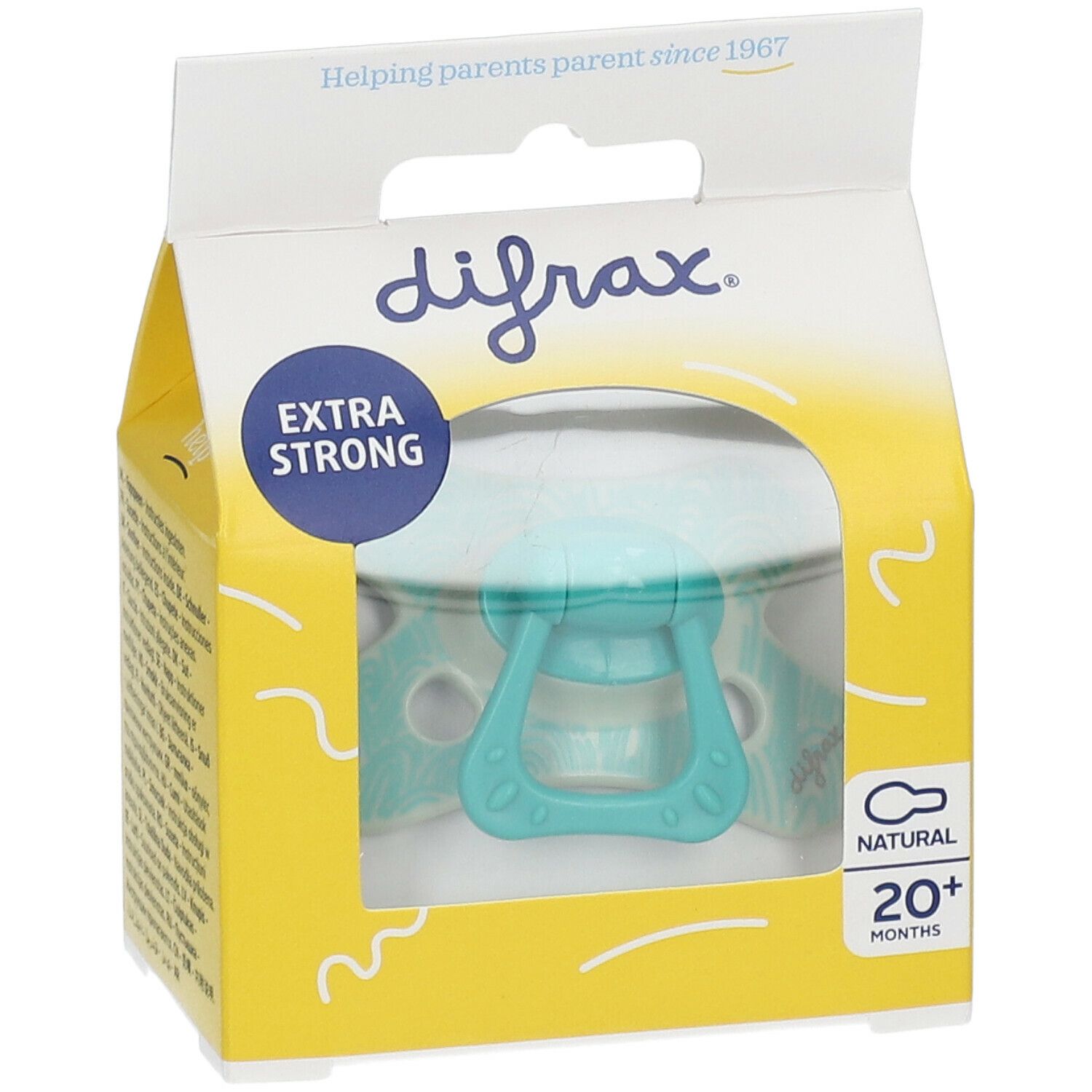 Sucette turquoise dans emballage jaune. Inscriptions "difrax", "EXTRA STRONG" et "20+ months".