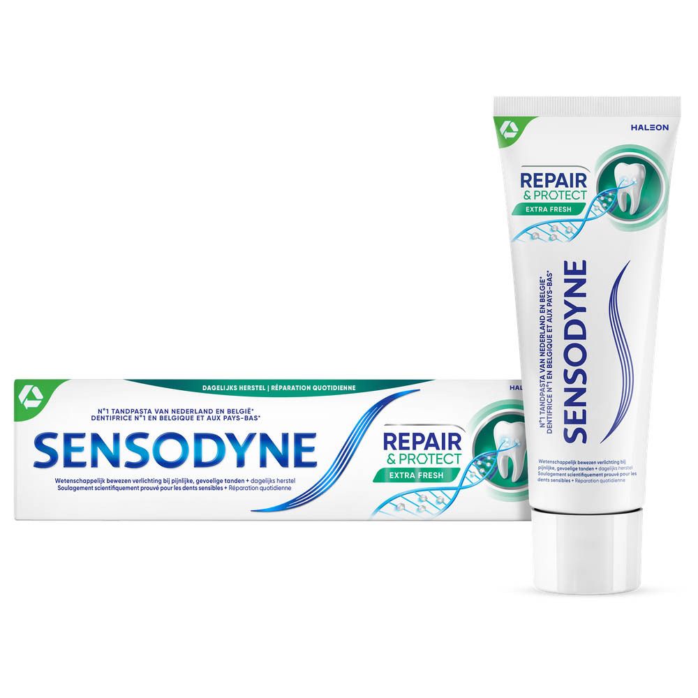 Tube et emballage de dentifrice. Blanc, bleu et vert. Sensodyne Repair & Protect Extra Fresh. Texte et logo.