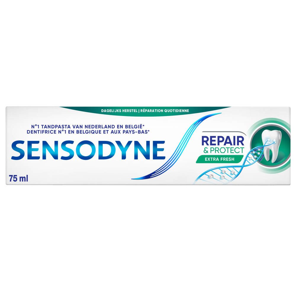 Tube de dentifrice. Blanc, bleu et vert. Sensodyne Repair & Protect Extra Fresh. Texte et logo.