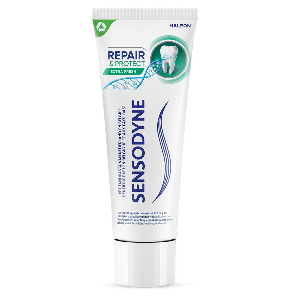 Tube de dentifrice. Blanc, bleu et vert. Sensodyne Repair & Protect Extra Fresh. Texte et logo.
