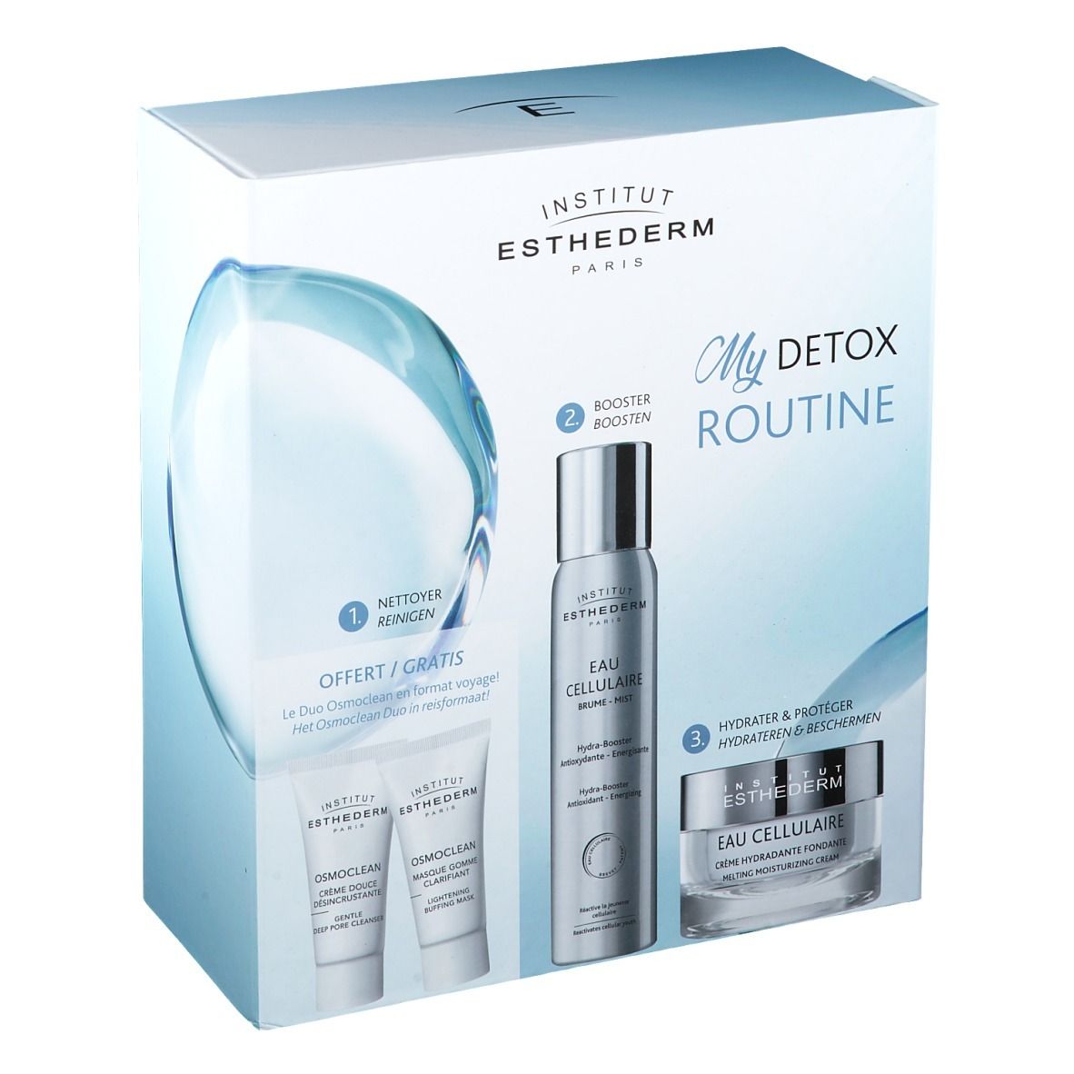 Coffret INSTITUT ESTHEDERM My Detox Routine. Contient nettoyant, booster et crème. Emballage blanc et bleu.