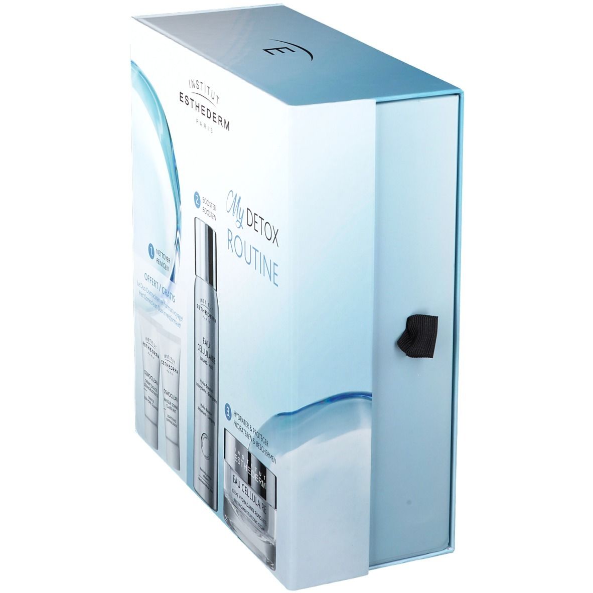 Vue en biais du coffret INSTITUT ESTHEDERM My Detox Routine. Emballage blanc et bleu avec fermeture.