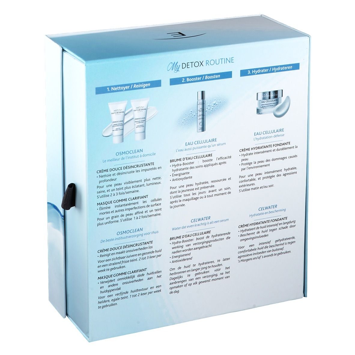 Dos du coffret INSTITUT ESTHEDERM My Detox Routine. Descriptions et instructions des produits.