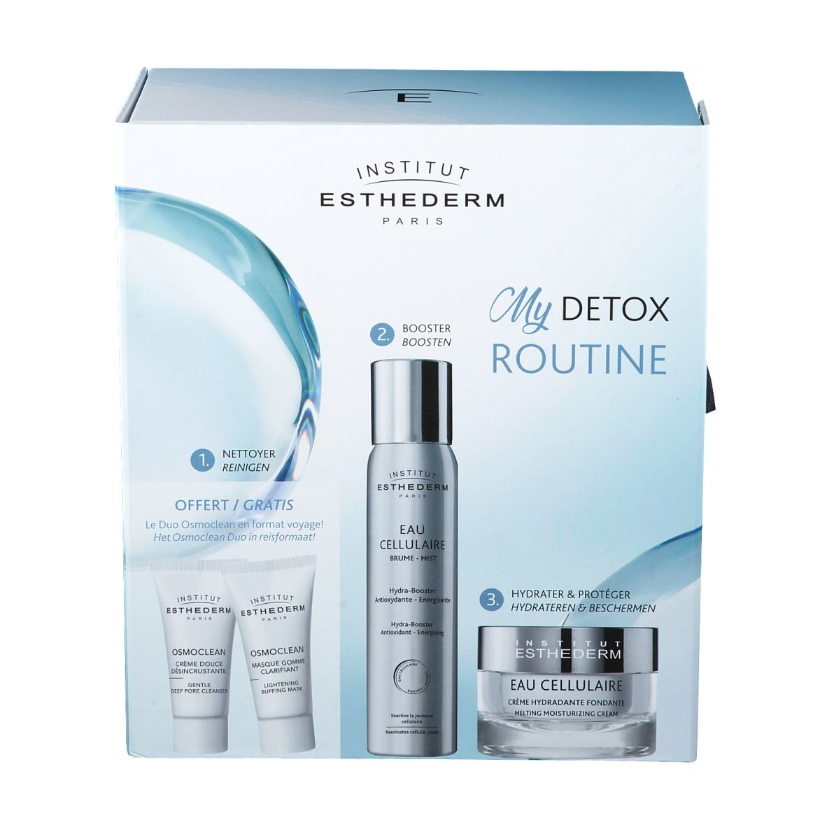 Coffret INSTITUT ESTHEDERM My Detox Routine. Contient nettoyant, booster et crème. Emballage blanc et bleu.