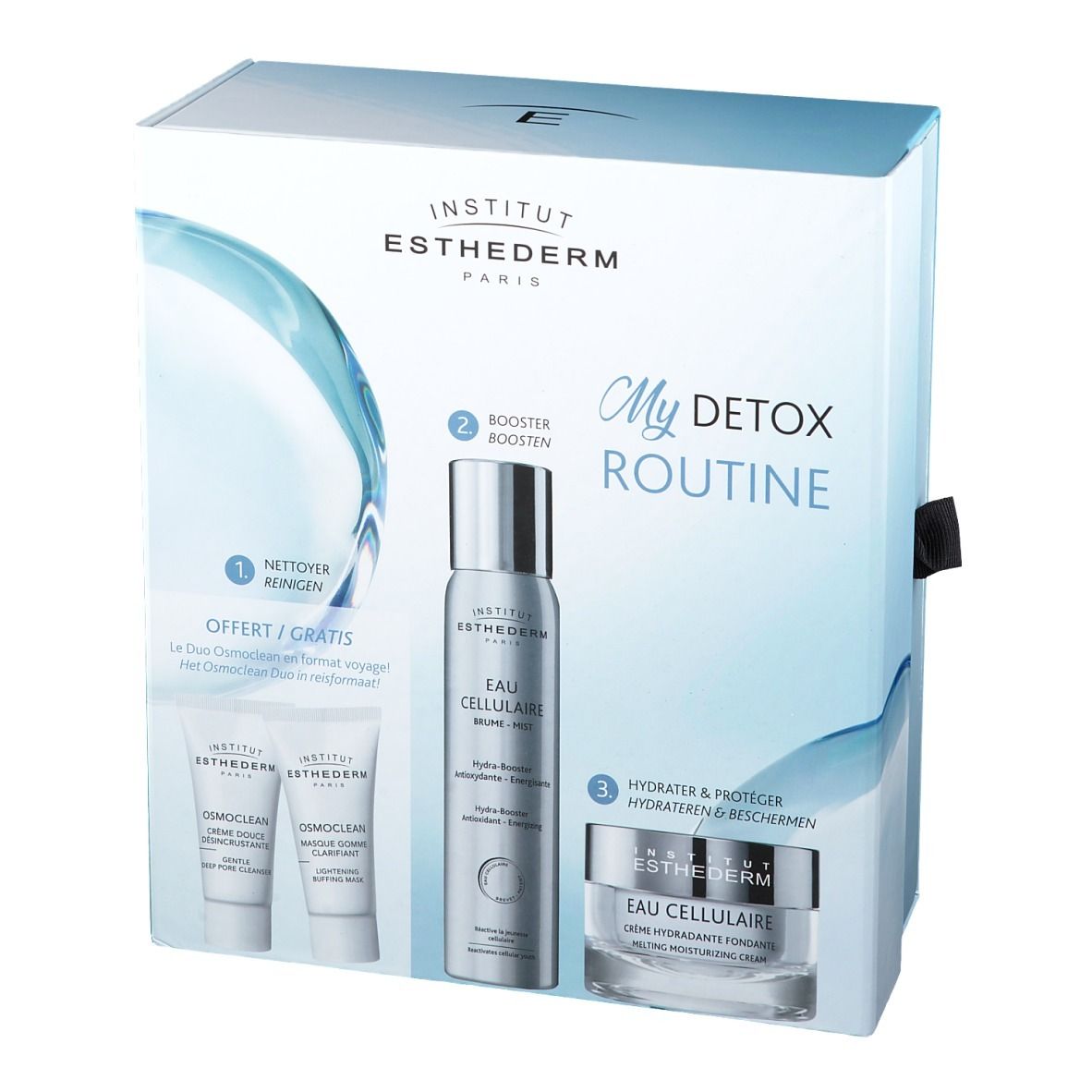 Coffret INSTITUT ESTHEDERM My Detox Routine. Contient nettoyant, booster et crème. Emballage avec fermeture.