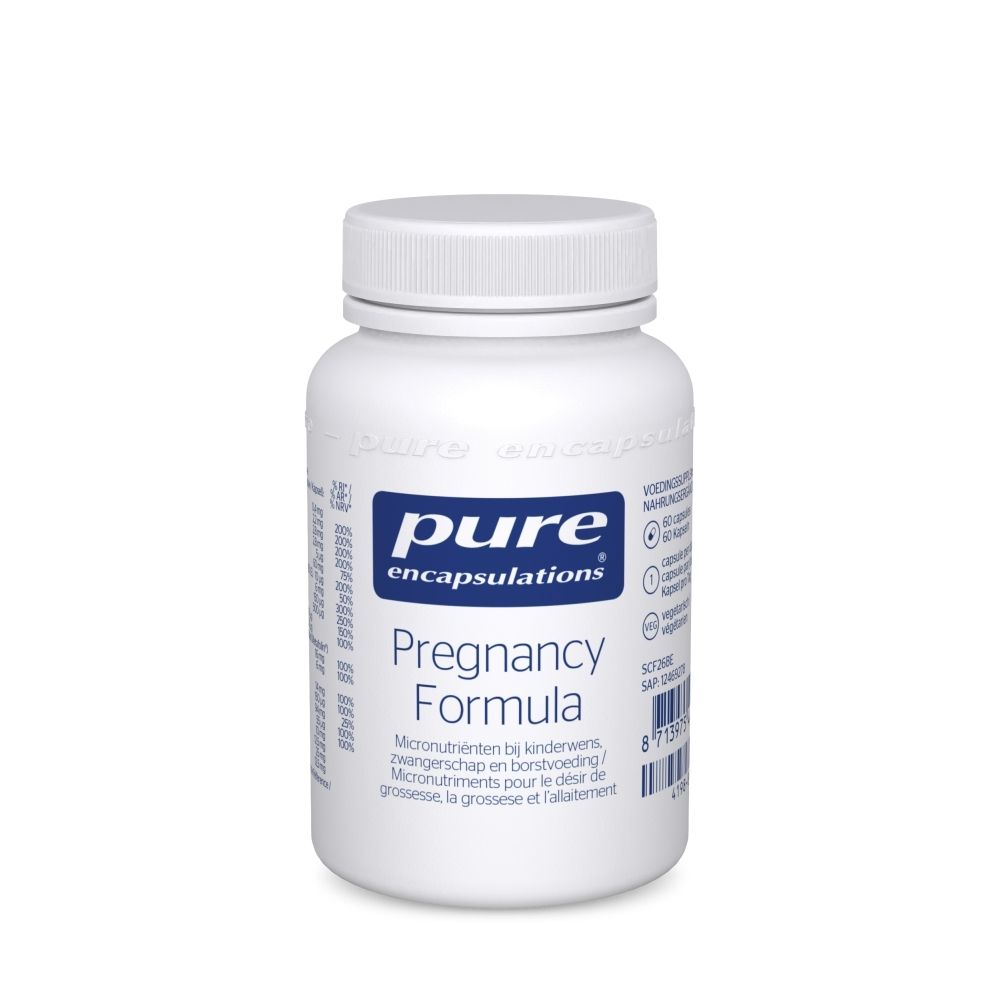 Flacon blanc avec étiquette bleue. Inscription: pure encapsulations, Pregnancy Formula.