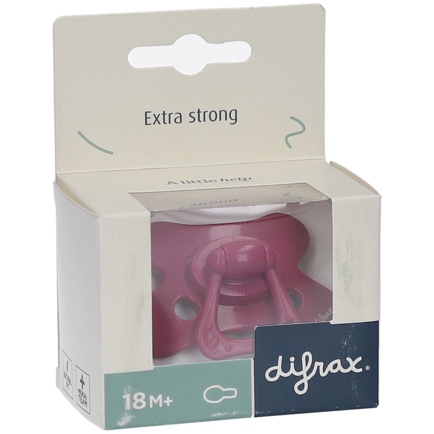 Emballage avec sucette rose. Marque difrax, 18M+. Texte: Extra strong.