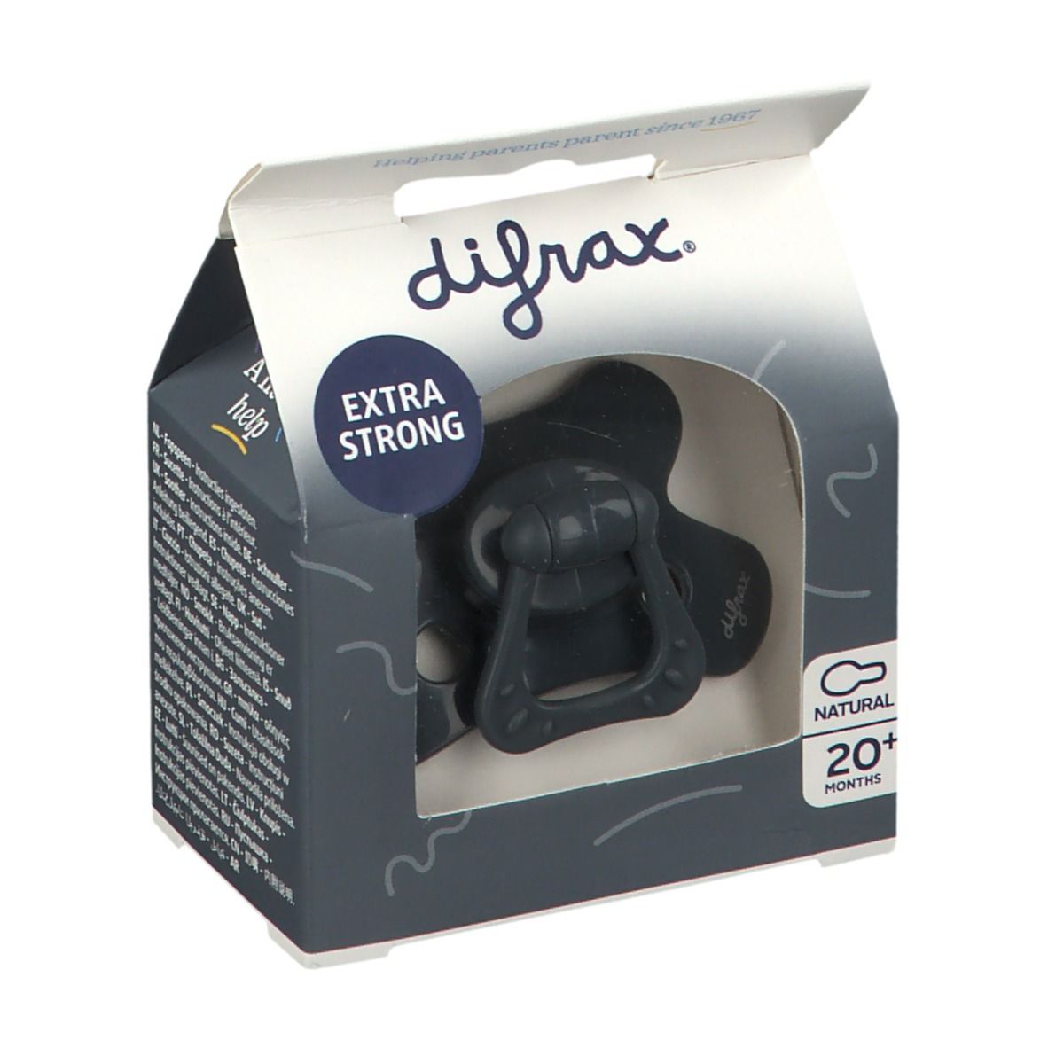 Sucette grise foncée dans son emballage. Fenêtre visible sur le produit. Inscription : difrax, Extra Strong, 20+ mois.