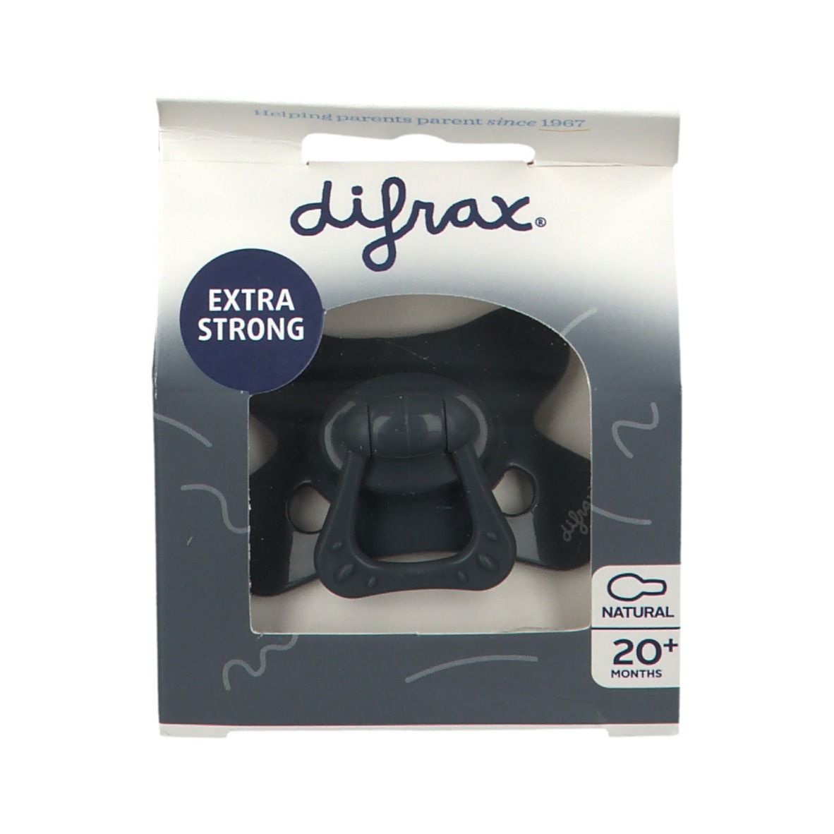 Sucette grise foncée dans son emballage. Inscription : difrax, Extra Strong, 20+ mois. Forme : naturelle.
