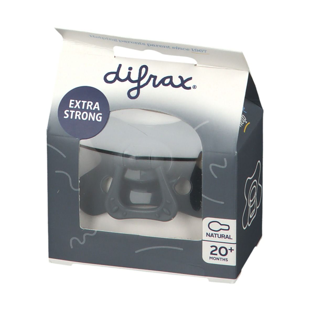 Emballage avec sucette. Fenêtre visible. Inscription : difrax, Extra Strong, 20+ mois. Forme : naturelle.