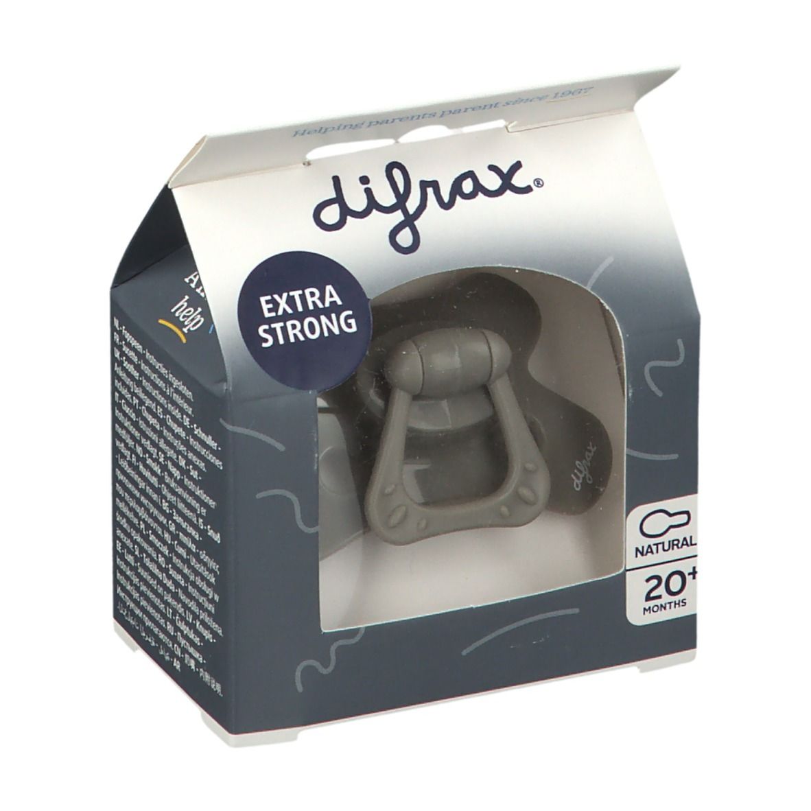 Emballage de sucette. Visible : marque difrax, 'EXTRA STRONG', 'NATURAL 20+ MONTHS'. Sucette grise dans la fenêtre.