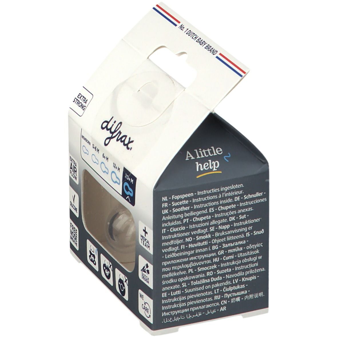 Emballage ouvert avec sucette. Marque difrax. Texte : 'A little help'. Instructions multilingues. 'No. 1 DUTCH BABY BRAND'.