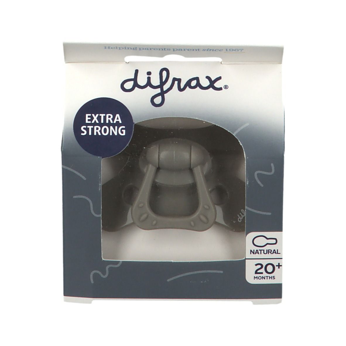 Emballage de sucette. Marque difrax, 'EXTRA STRONG', 'NATURAL 20+ MONTHS'. Sucette grise dans la fenêtre.