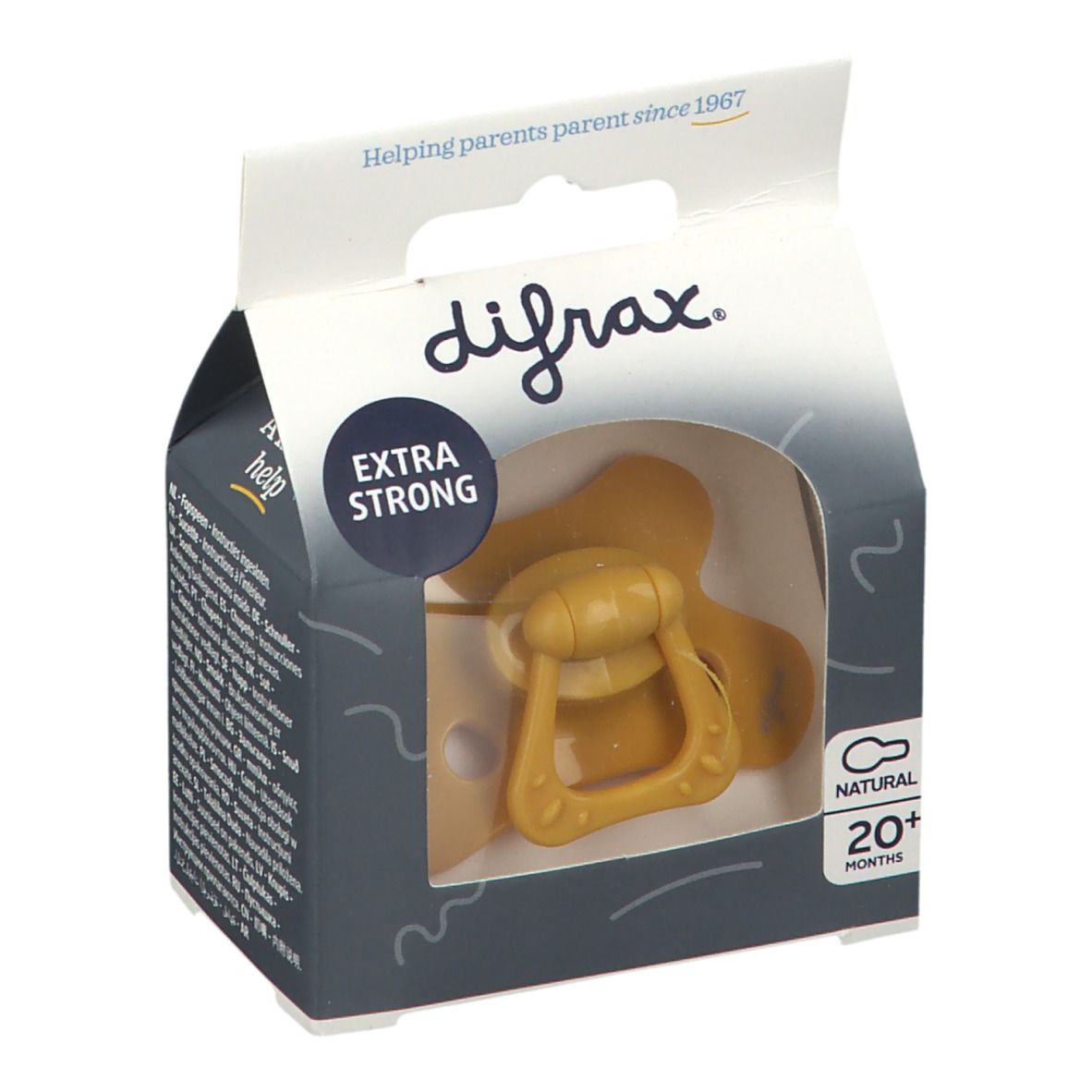 Emballage de sucette. Sucette jaune avec poignée, dans une boîte avec fenêtre. Inscriptions: difrax, Natural 20+ mois, Extra Strong.