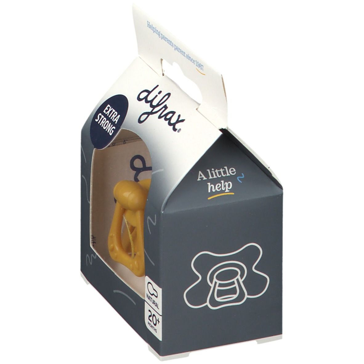 Emballage de sucette. Sucette jaune avec poignée, dans une boîte avec fenêtre. Inscriptions: difrax, Extra Strong, A little help.