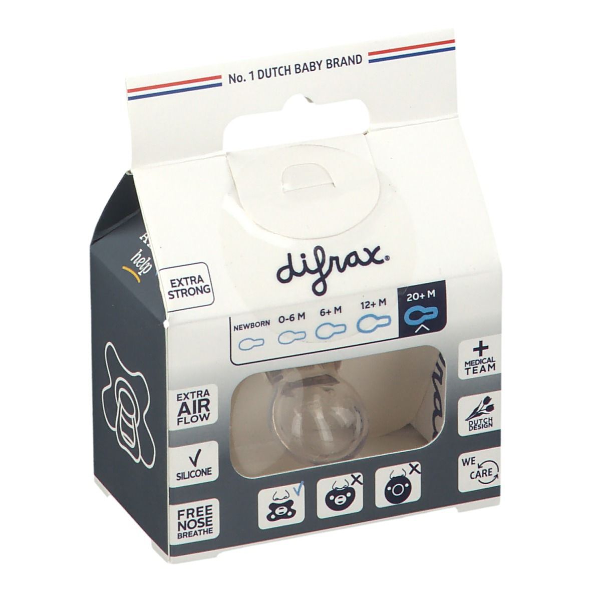 Emballage de sucette. Sucette transparente dans une boîte avec fenêtre. Inscriptions: difrax, 0-6M, 6+M, 12+M, Extra Air Flow, Silicone.