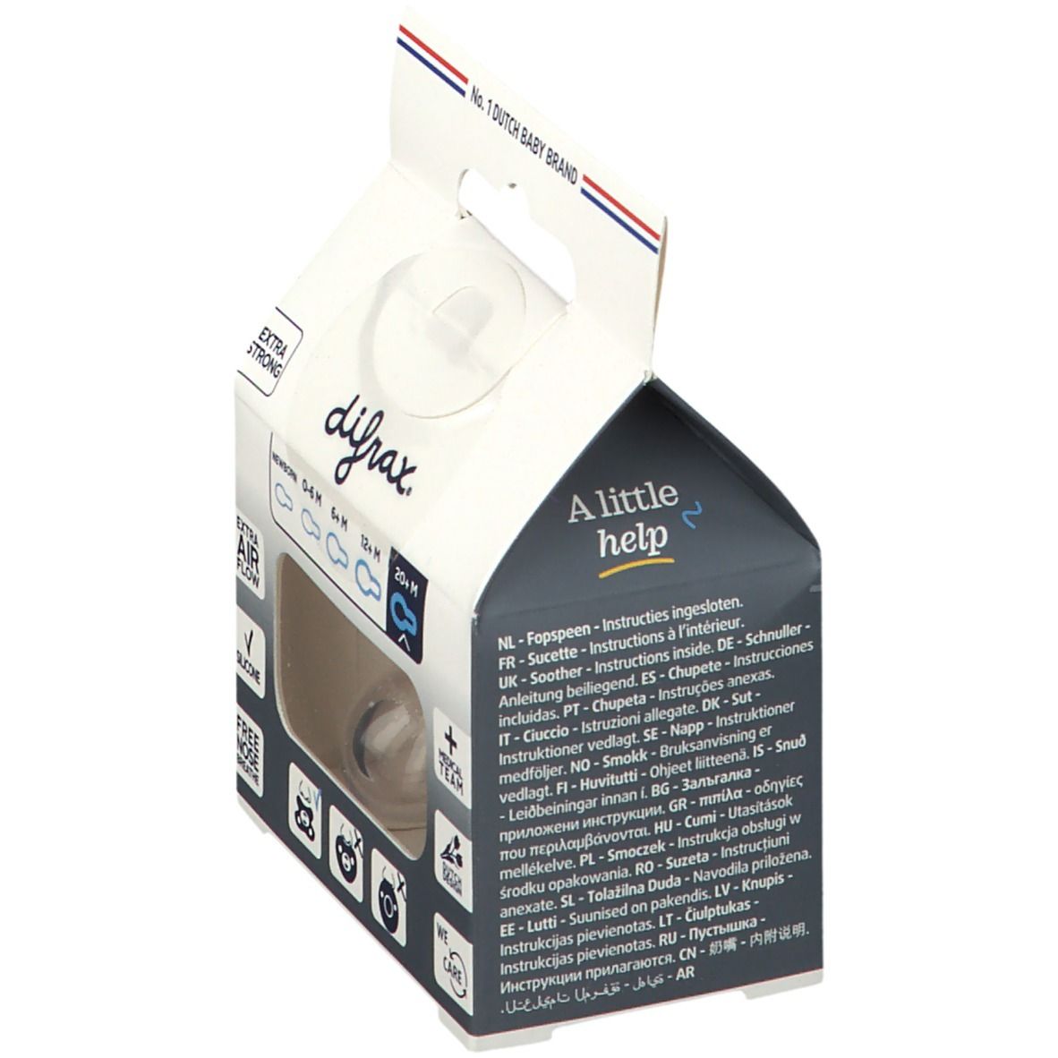 Emballage de sucette. Sucette transparente dans une boîte avec fenêtre. Inscriptions: difrax, 0-6M, 6+M, 12+M, A little help.