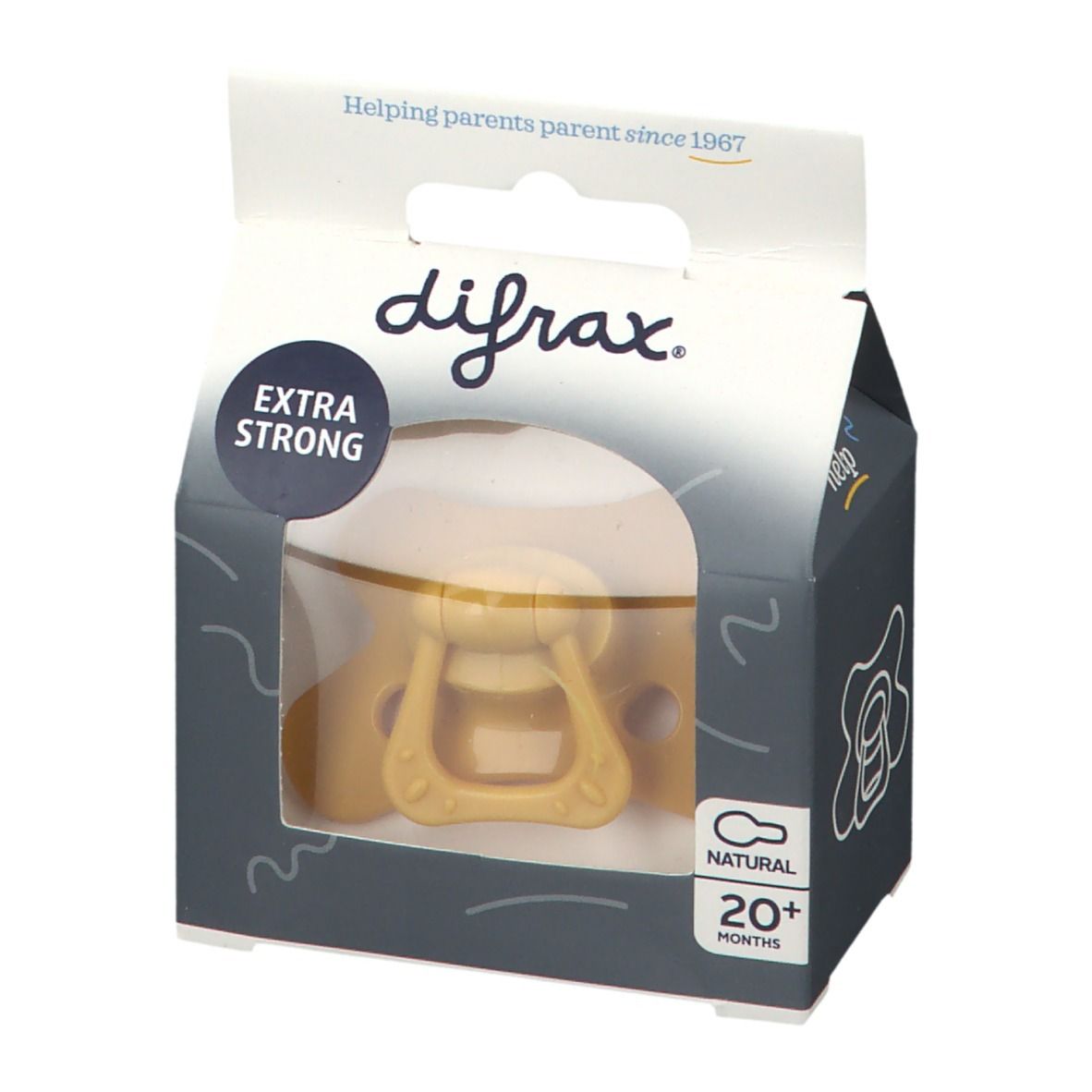 Emballage de sucette. Sucette jaune avec poignée, dans une boîte avec fenêtre. Inscriptions: difrax, Natural 20+ mois, Extra Strong.