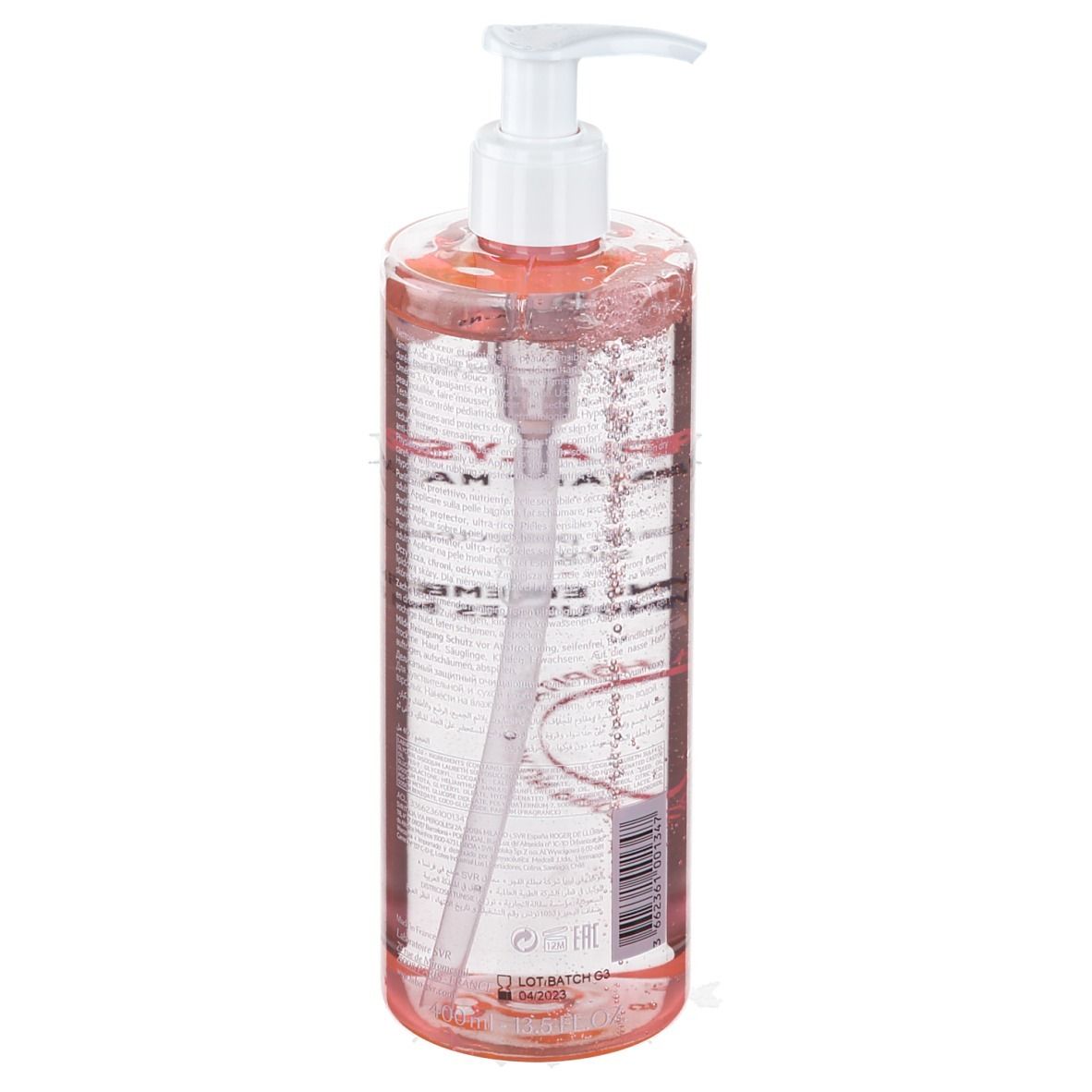 Flacon transparent avec liquide rose et pompe blanche. Étiquette avec texte et code-barres.