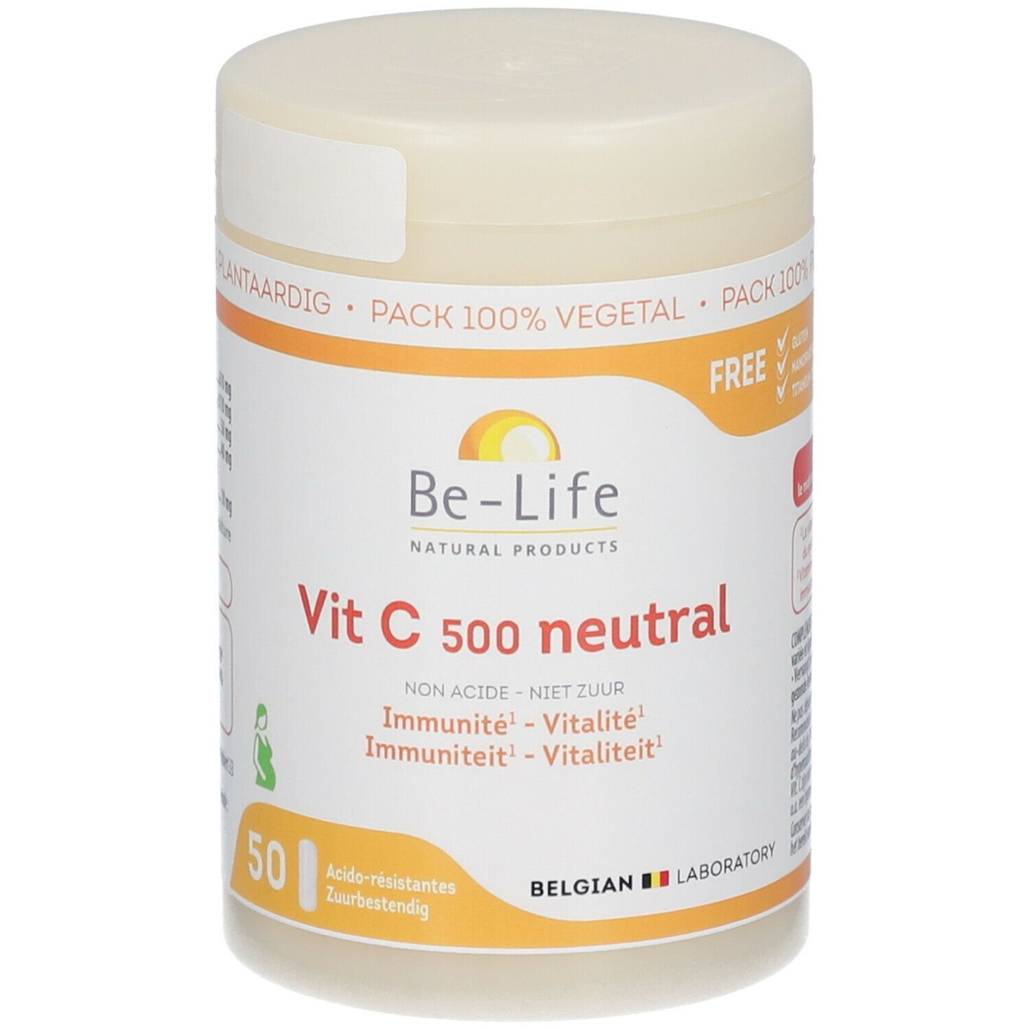 Boîte de Vitamine C 500 neutral. Inscriptions : Be-Life, Vit C 500 neutral, 50 comprimés. Couvercle et étiquette blancs et orange.