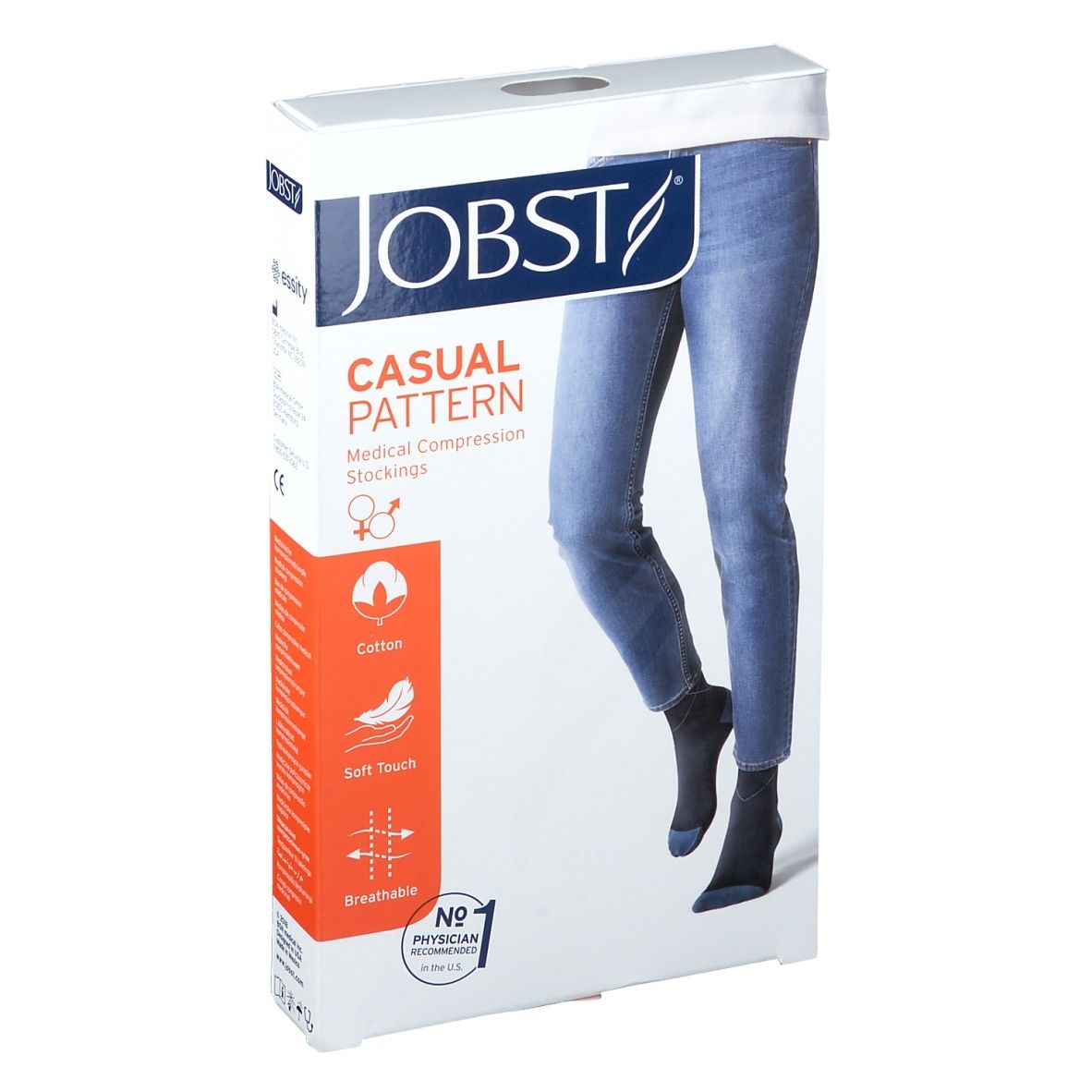 Boîte de JOBST Casual Pattern. Jambe en jean et bas. Coton, doux, respirant. Marquage CE.