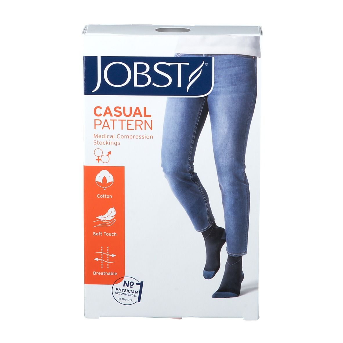 Boîte de JOBST Casual Pattern. Jambe en jean et bas. Coton, doux, respirant. Marquage CE.