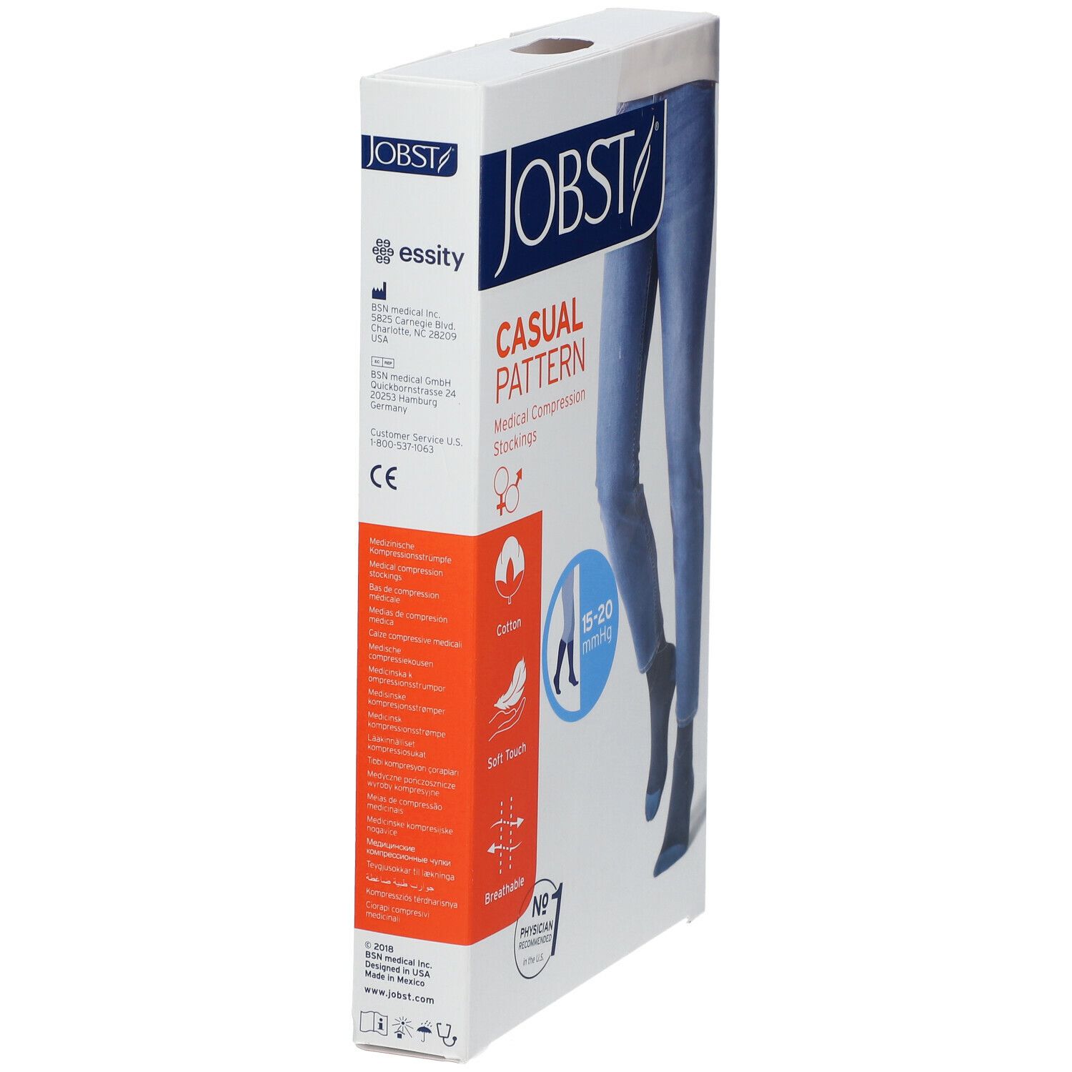 Boîte de JOBST® Casual Pattern Chaussettes. Inscription : Casual Pattern, bas de compression médicale. Marque CE. Illustration de jambes portant des bas.