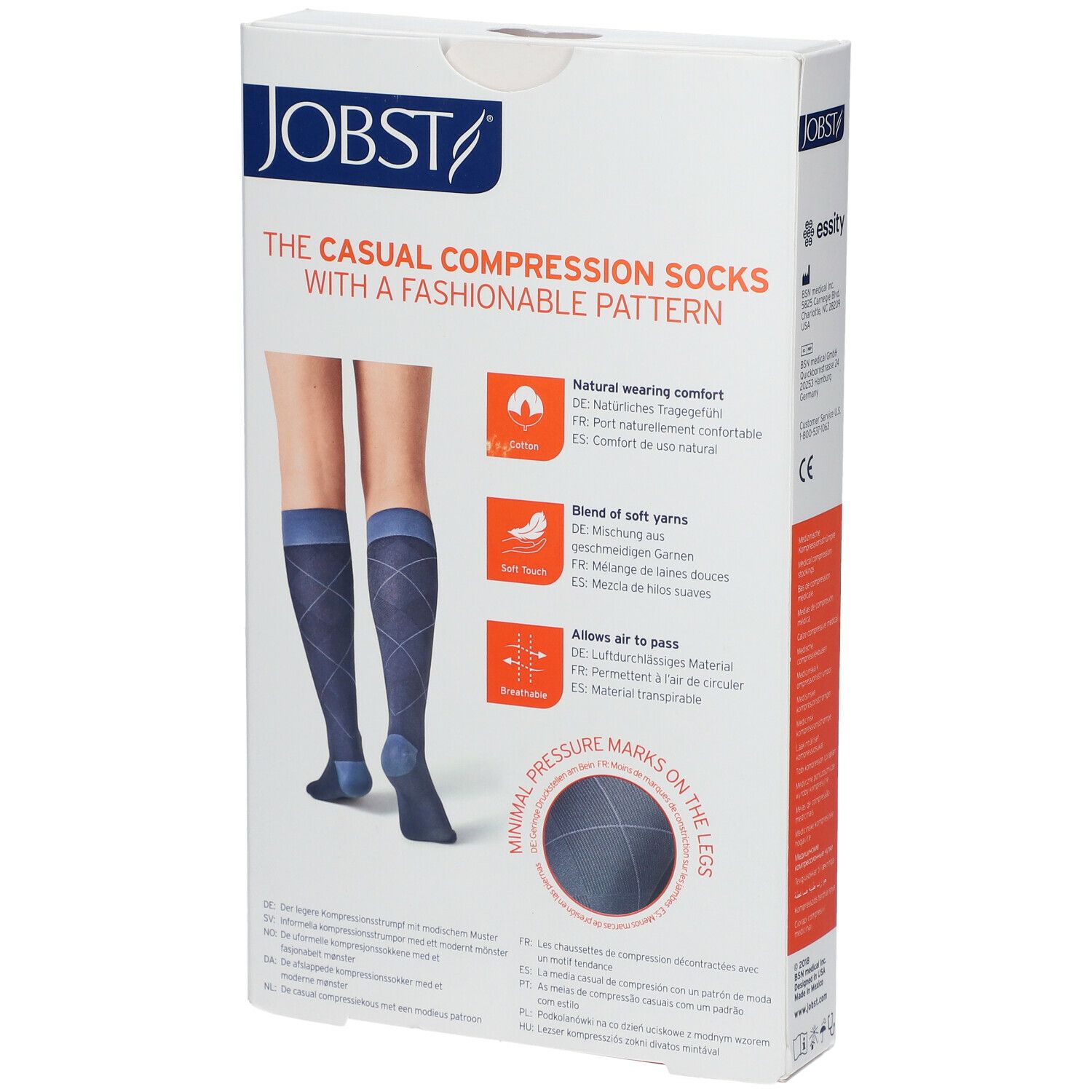 Dos de la boîte de JOBST® Casual Pattern Chaussettes. Illustration de jambes portant des bas. Texte : The Casual Compression Socks with a fashionable pattern.