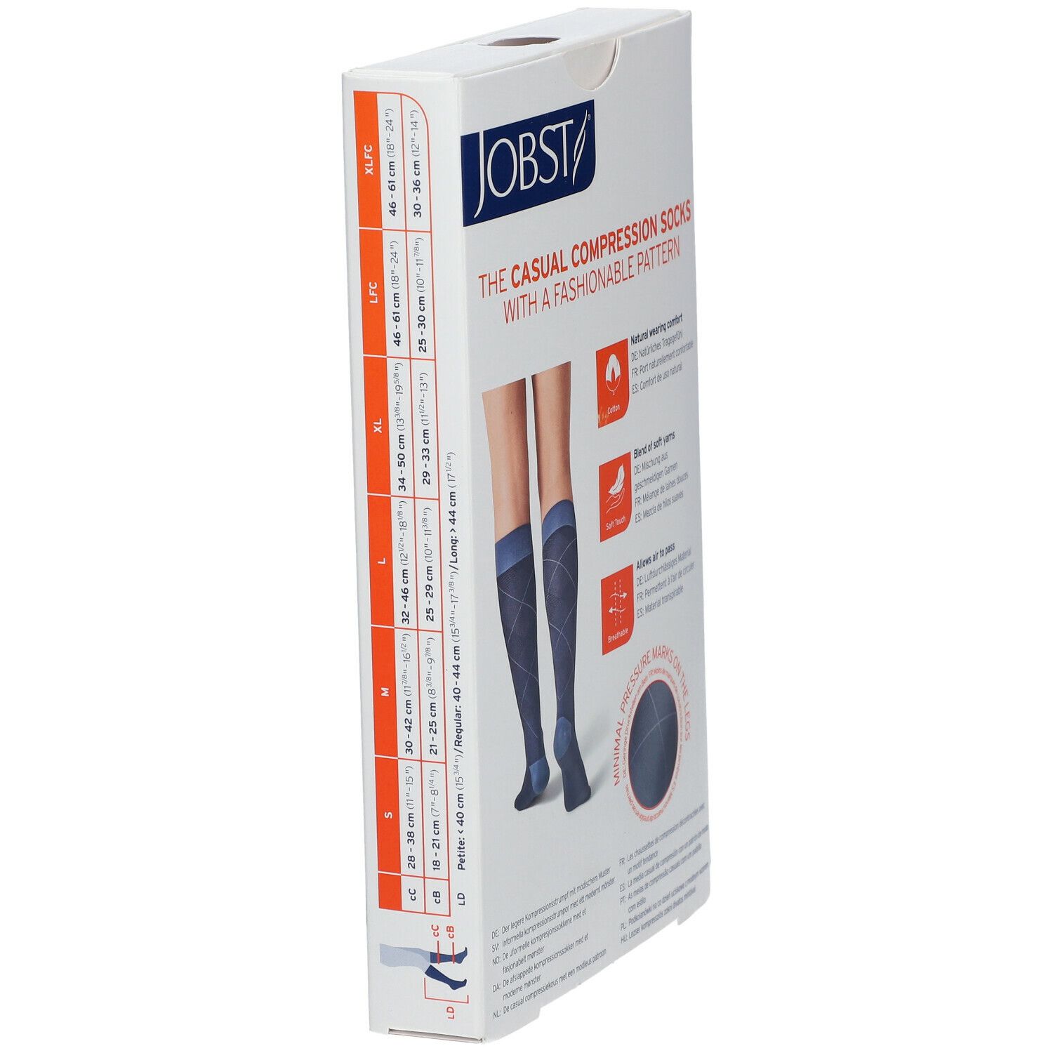 Côté de la boîte de JOBST® Casual Pattern Chaussettes. Indications de taille en cm et lettres. Illustration de jambes portant des bas. Texte : The Casual Compression Socks with a fashionable pattern.