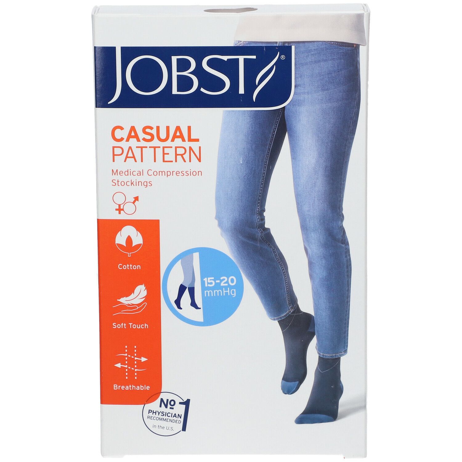 Boîte de JOBST® Casual Pattern Chaussettes. Inscription : Casual Pattern, bas de compression médicale. Illustration de jambes portant des bas. Texte : 15-20 mmHg.