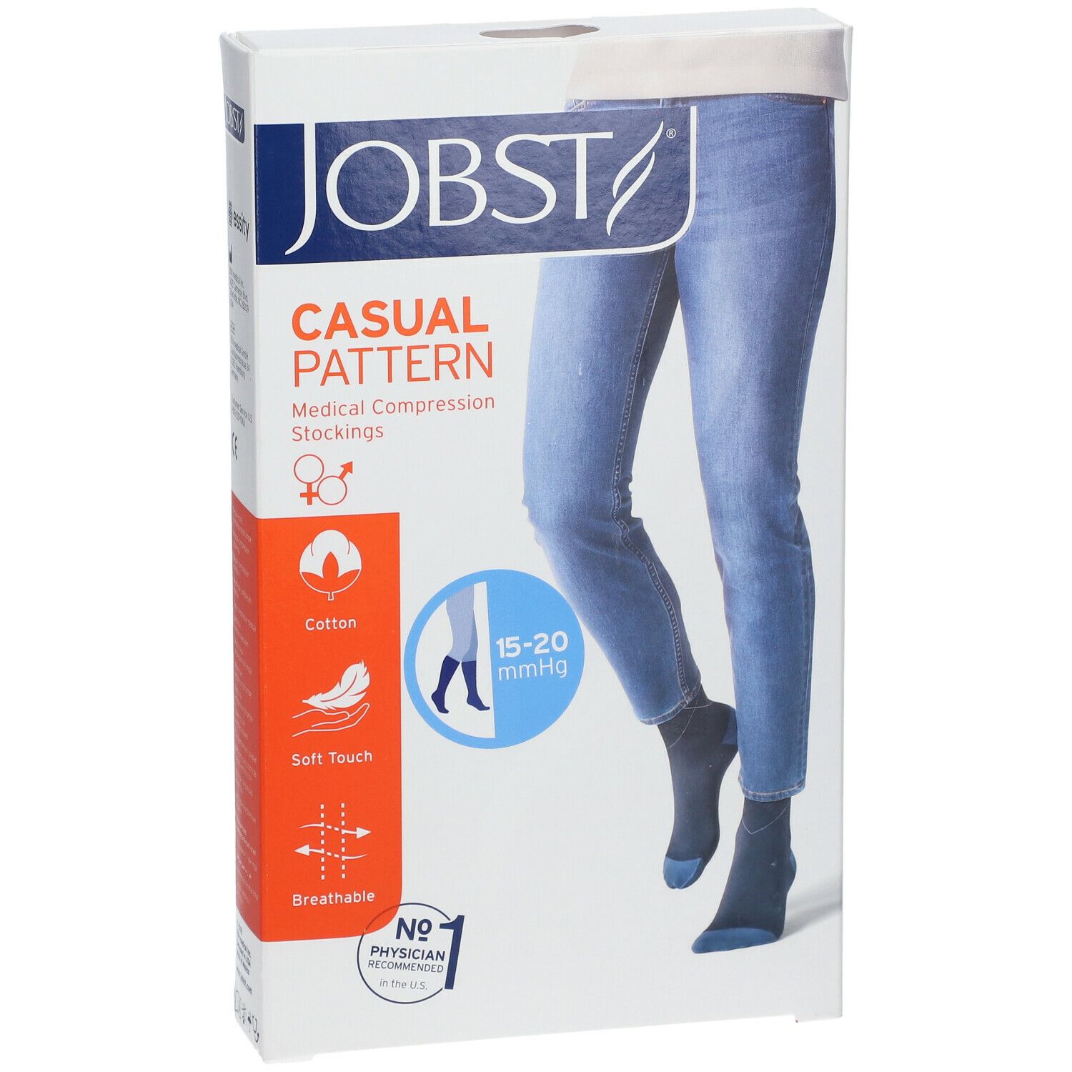 Boîte de JOBST® Casual Pattern Chaussettes. Inscription : Casual Pattern, bas de compression médicale. Illustration de jambes portant des bas. Texte : 15-20 mmHg. Nr. 1 Physician Recommended.