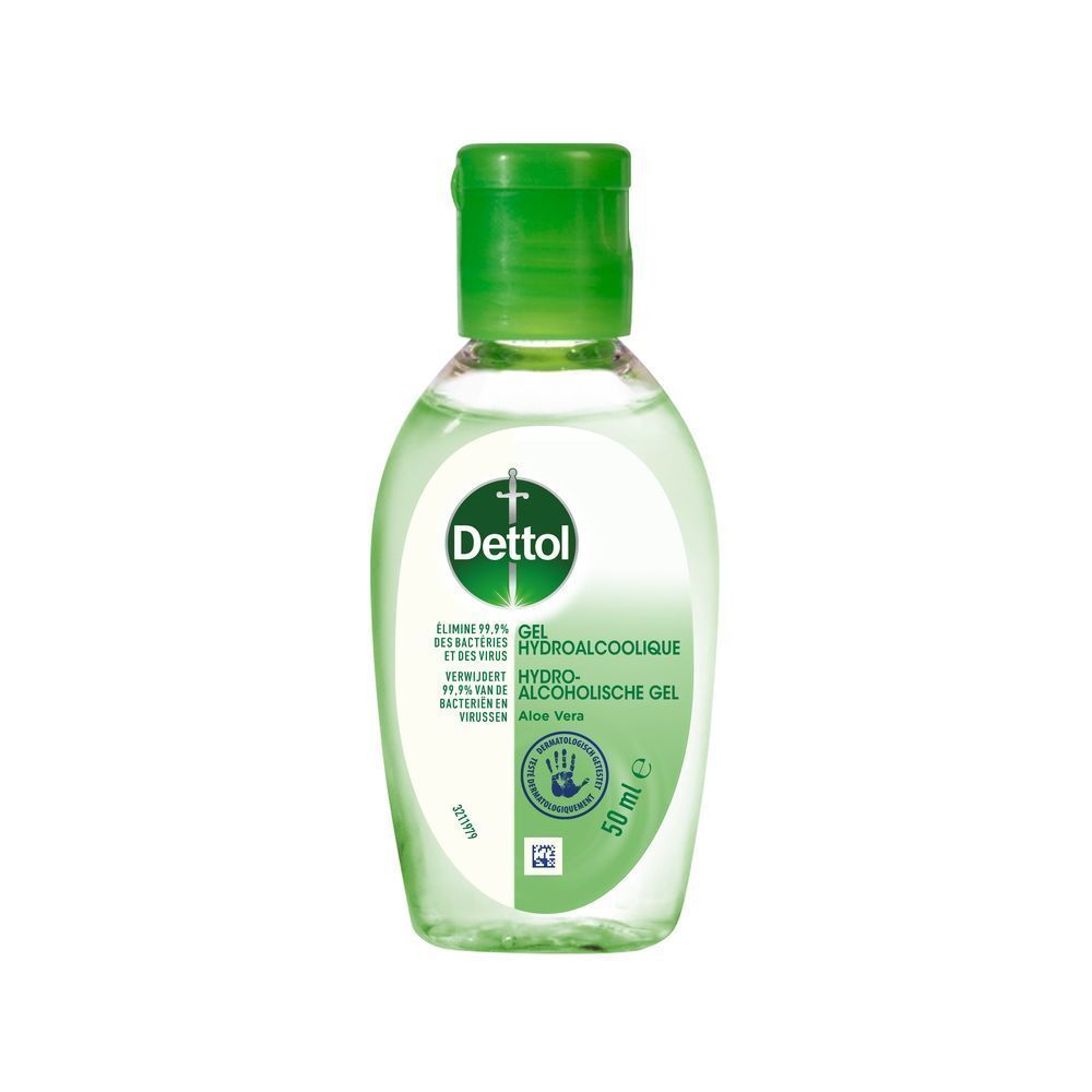 Flacon transparent avec bouchon vert. Logo Dettol, Aloe Vera et 50 ml.