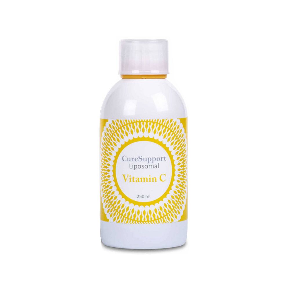 Flacon blanc avec étiquette jaune. Inscription: CureSupport Liposomal Vitamin C 1000 mg.