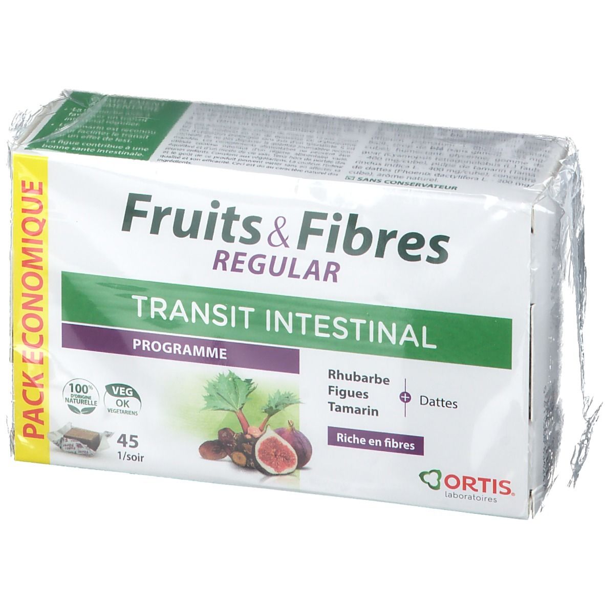 Complément Alimentaire Ortis Fruits & Fibres Transit Intestinal 45 Comprimés - Rhubarbe Figue