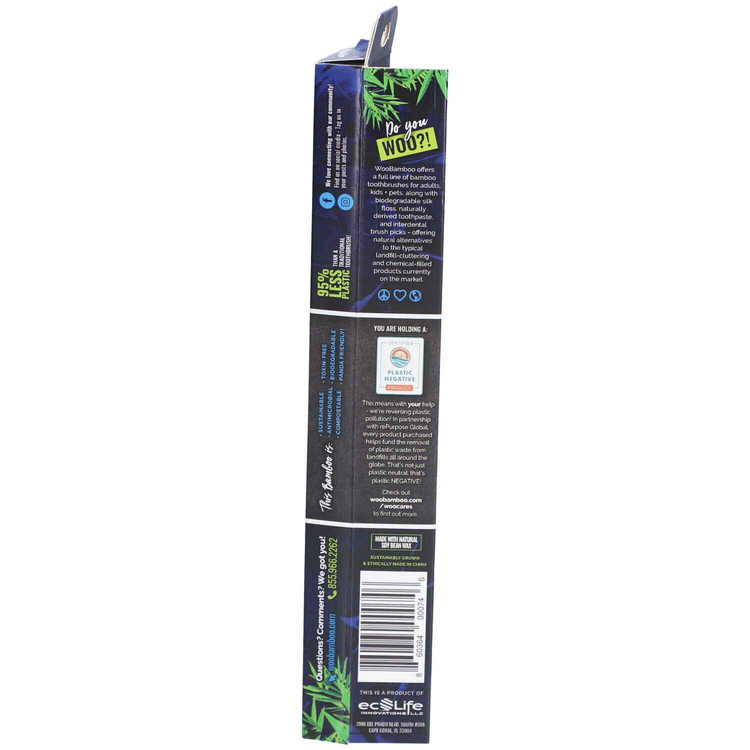 Dos de l'emballage de la brosse à dents. Texte avec des informations sur le produit et la durabilité.