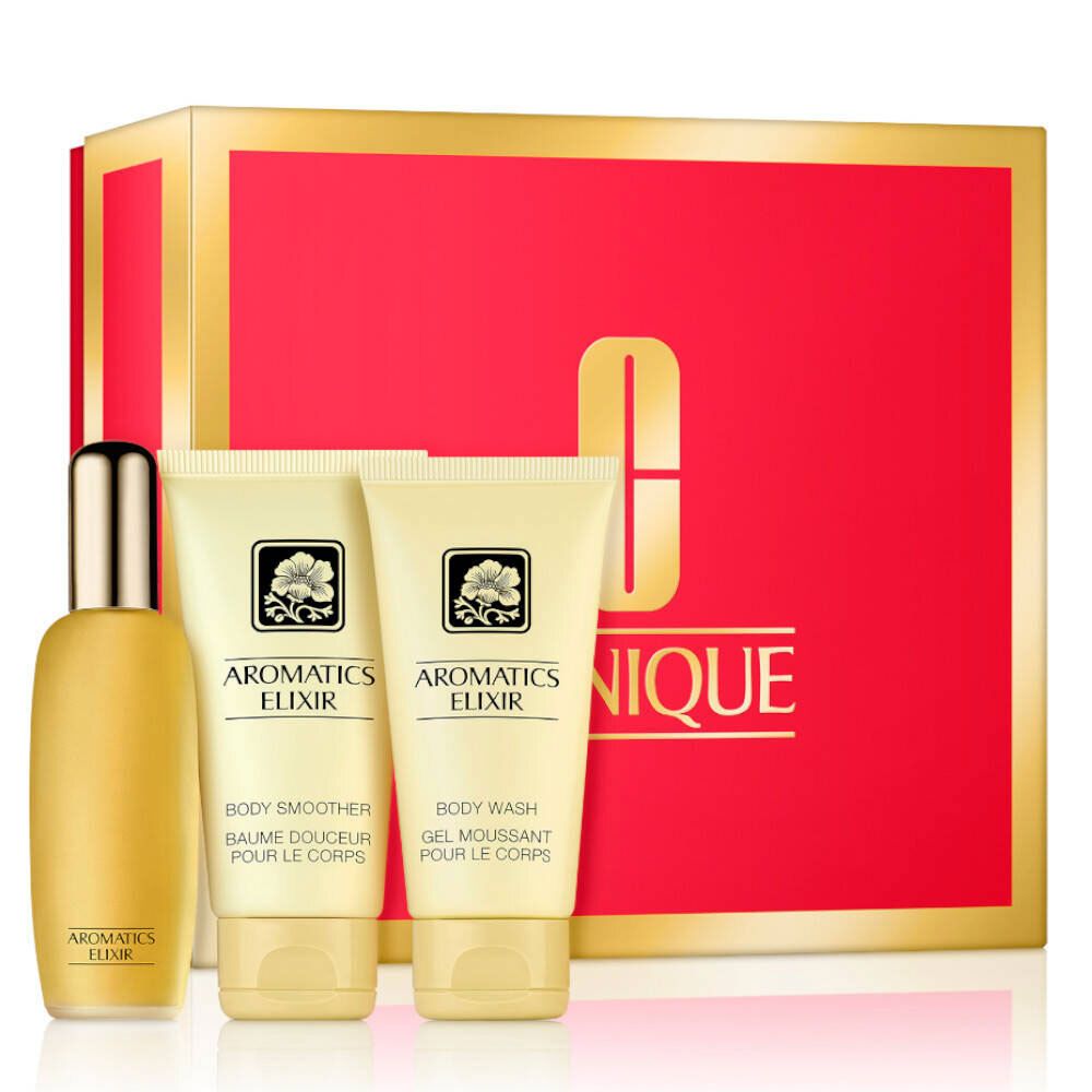 Coffret cadeau avec trois produits. Flacon et deux tubes crème. Boîte rouge avec détails dorés. Marque Clinique visible.