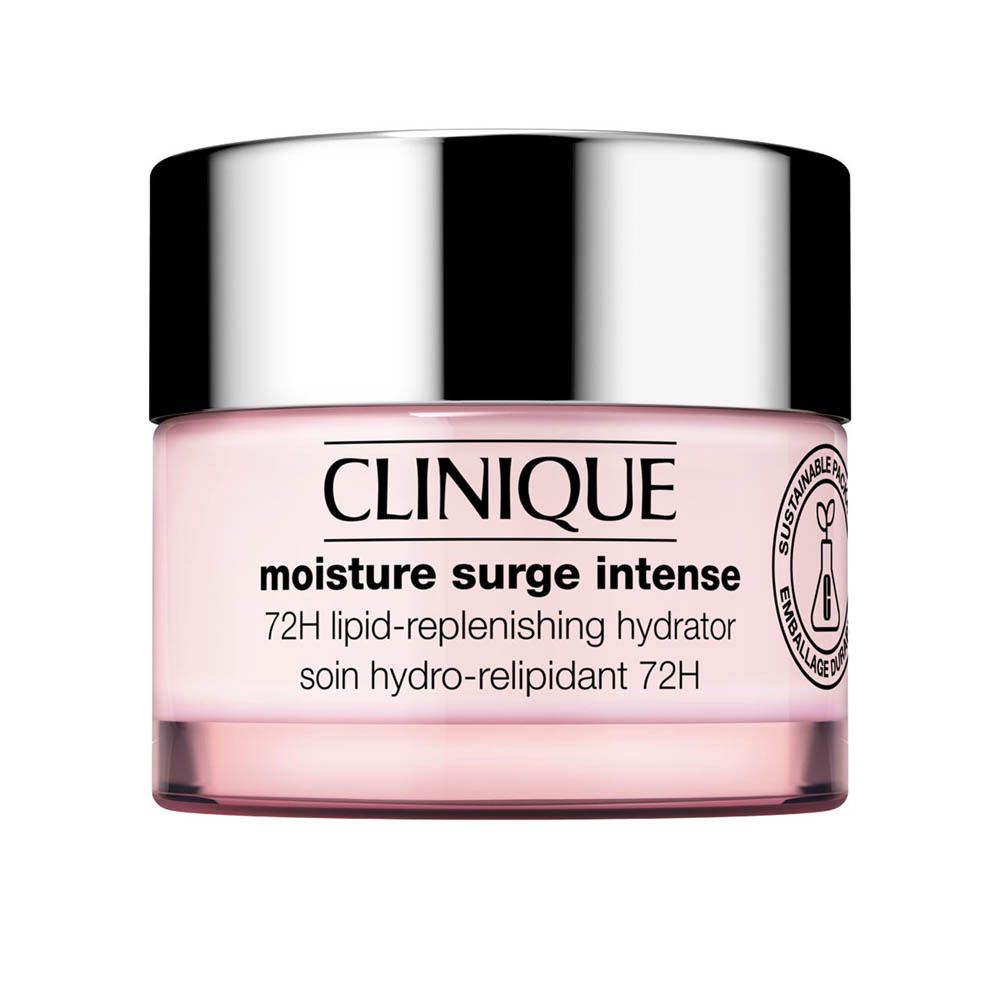 Crème hydratante CLINIQUE Moisture Surge Intense dans un pot rose avec un couvercle argenté.