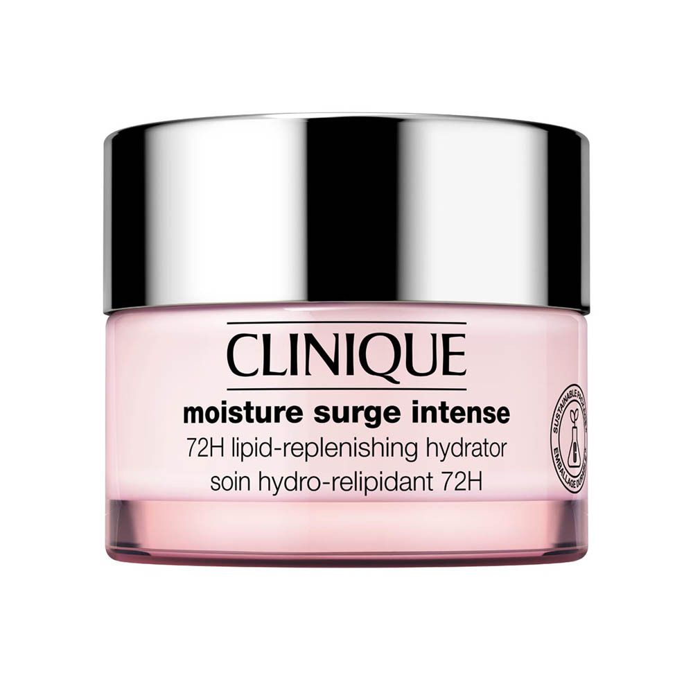Clinique Moisture Surge Intense 72H Lipid-Replenishing Hydrator dans un pot rose avec un couvercle argenté.