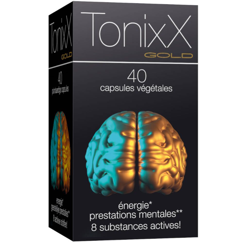 Boîte noire Tonixx Gold. Contient 40 capsules végétales. Représentation d'un cerveau. Texte : énergie, performances mentales, 8 substances actives.