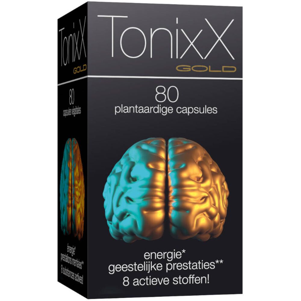 Boîte noire Tonixx Gold, 80 capsules végétales. Représentation d'un cerveau doré et bleu. Inscriptions en néerlandais.