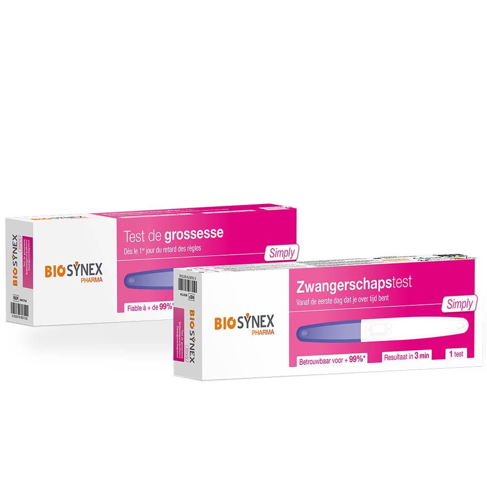 Deux boîtes de test de grossesse BIOSYNEX. Emballage rose et blanc. Texte: Test de grossesse, Zwangerschapstest.