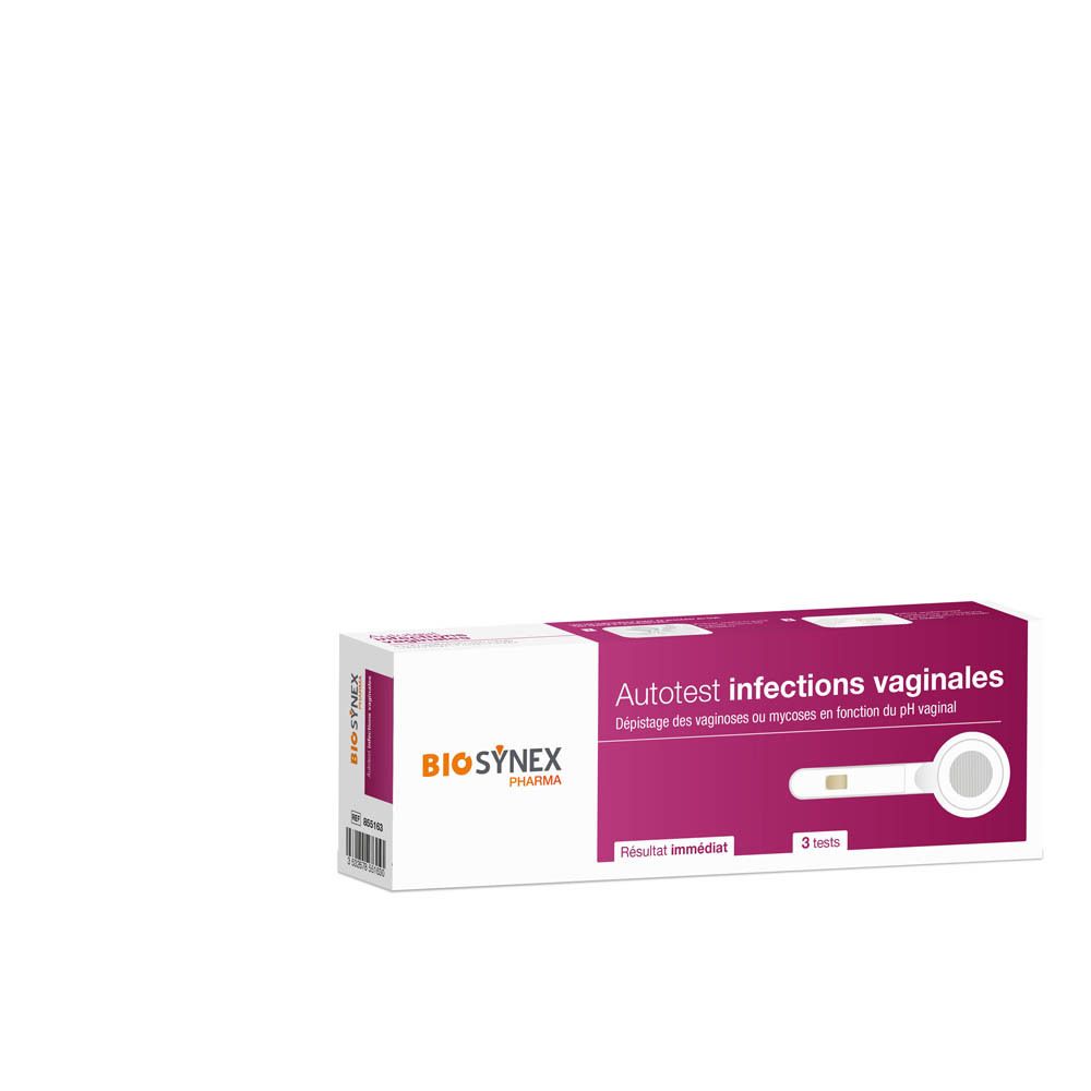 Boîte de test d'infections vaginales. BIOSYNEX, 3 tests. Résultat immédiat. Texte en français.