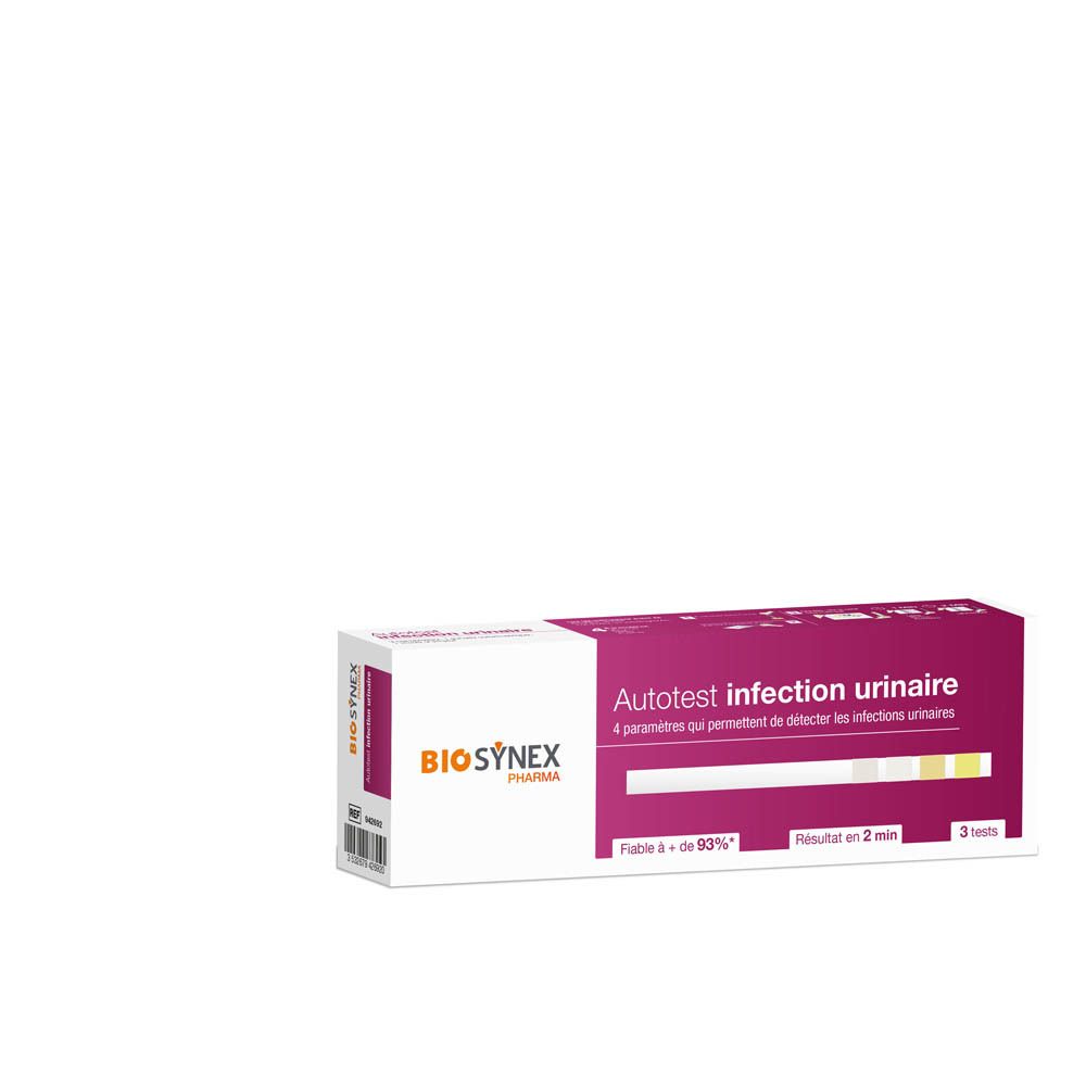 Boîte BIOSYNEX. Inscription: Autotest INFECTION URINAIRE. Résultat en 2 min. 3 tests. Accent rose.