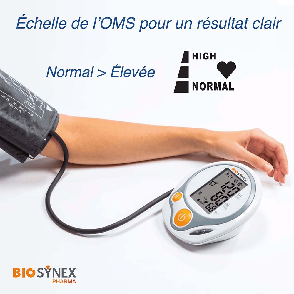 Tensiomètre bras BIOSYNEX sur un bras. L'écran affiche 120/80 mmHg, échelle OMS.