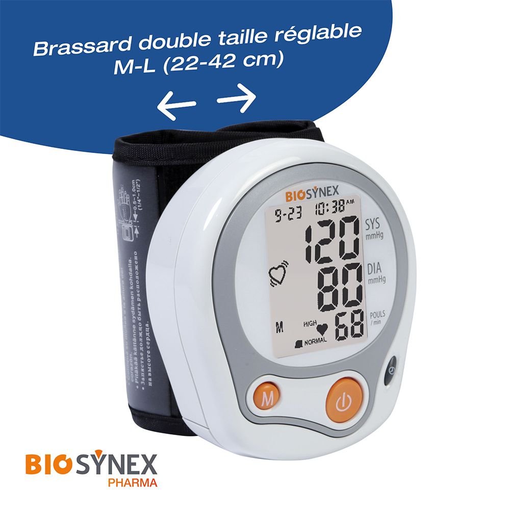 Tensiomètre bras BIOSYNEX avec brassard double taille réglable (M-L, 22-42 cm).