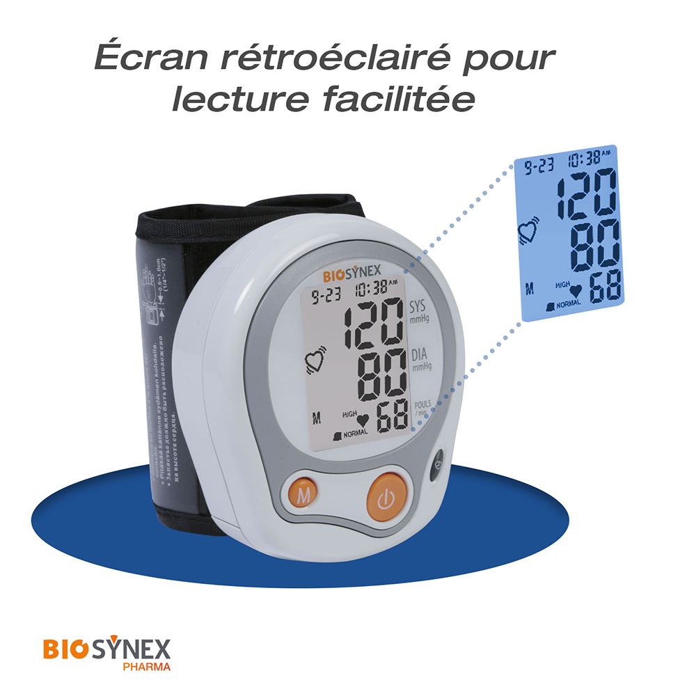 Tensiomètre poignet Biosynex avec écran rétroéclairé pour une lecture facile. Affiche date, heure et mesures.